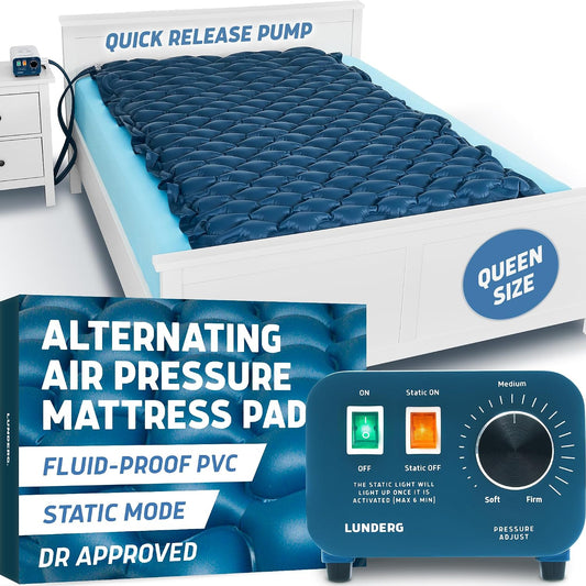 Lunderg Alternating Air Pressure Mattress Pad with Static Mode - Comfortable Bed Sore Prevention - Includes Waterproof Mattress Topper for Hospital Bed or Home & Quiet Pump - Doctors Recommended