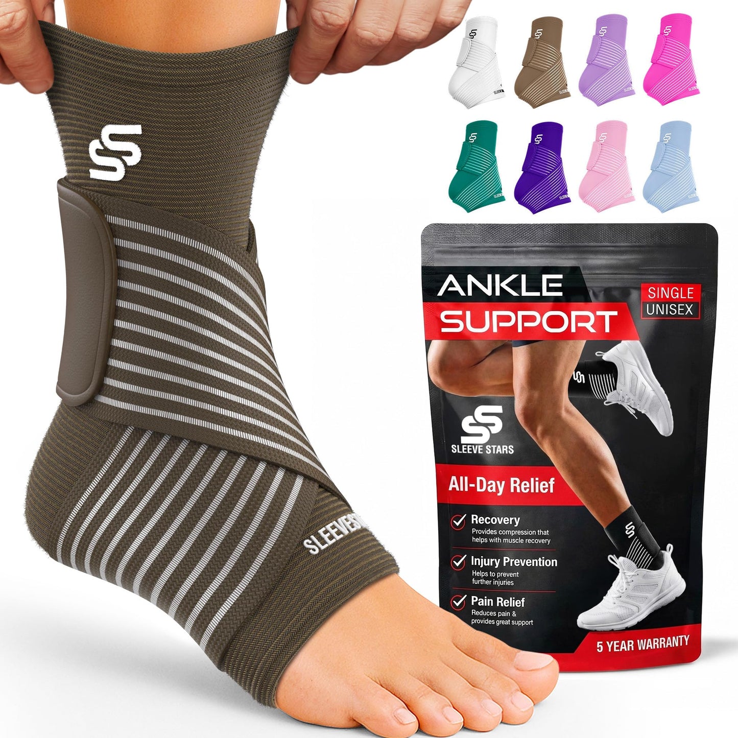 Sleeve Stars Ankle Brace for Women & Men, Ankle Wrap for Sprain, Compression Sleeve for Plantar Fasciitis Relief, Easy Customizable Support: w/ Removable Strap (Single/M:10"-12"/Black)