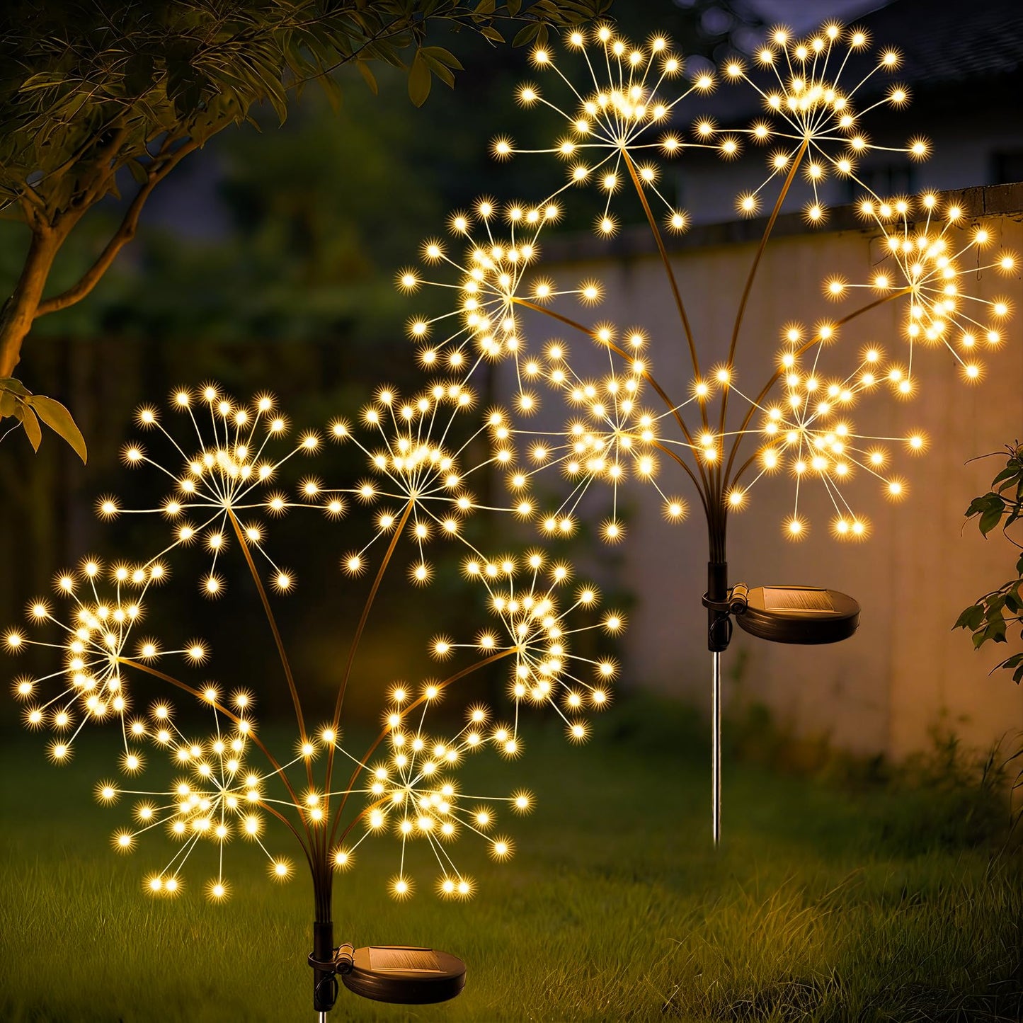 JJGoo Solar Garden Lights, New Upgraded 2 Pack Solar Swaying Starburst Light, Waterproof Fireworks Outdoor Lights, Yard Patio Pathway Decoration, Warm White