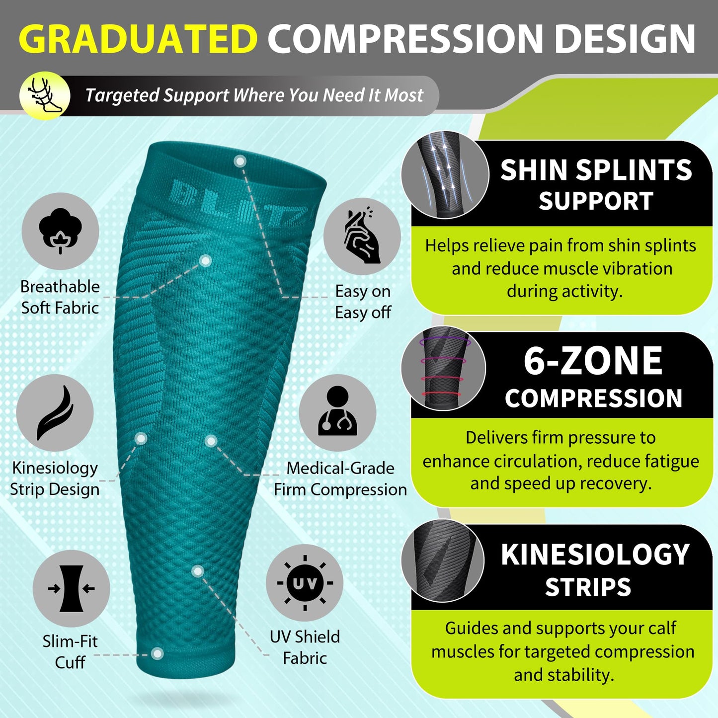 BLITZU Calf Compression Sleeve for Men & Women Footless Compression Socks Support Runners Leg Sleeve Shin Splints Pain Relief