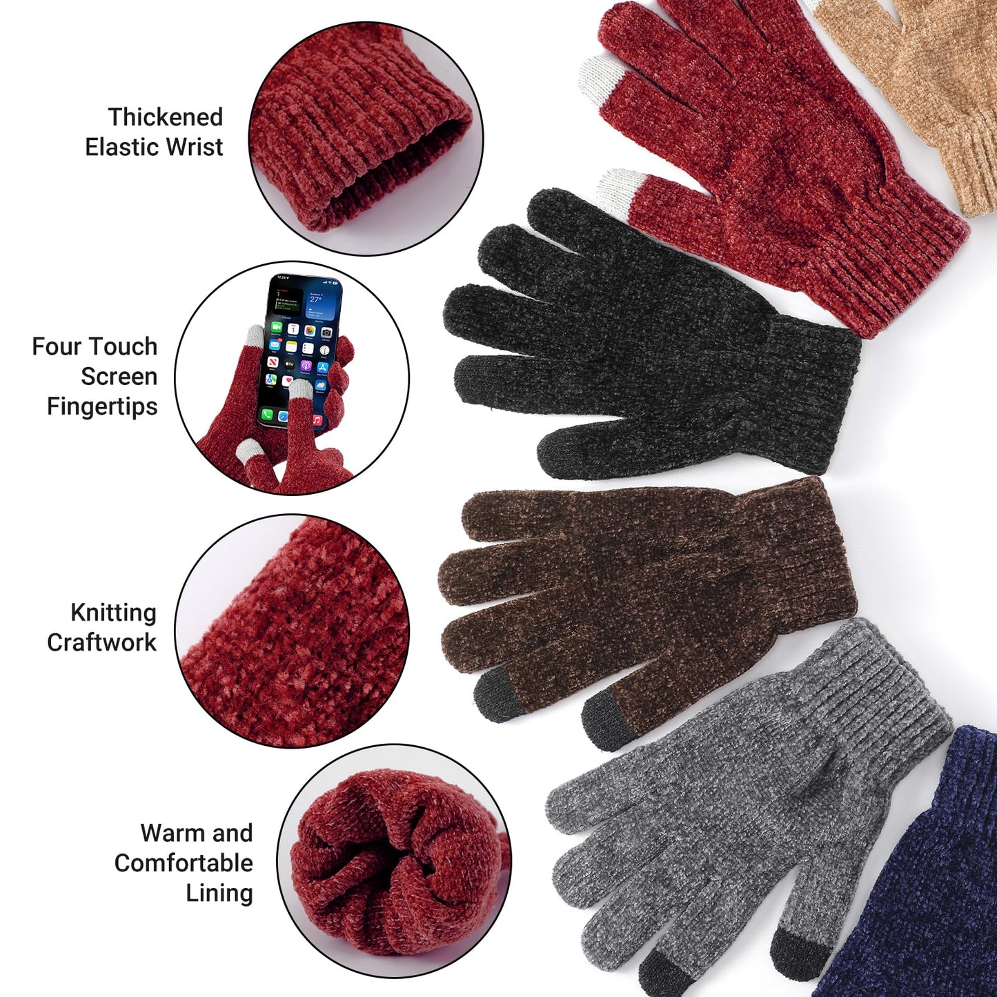 Winter Beanie Hat Circle Scarf Gloves Set for Men Women, Thick Warm Chenille Skull Cap Touchscreen Gloves Neck Warmer