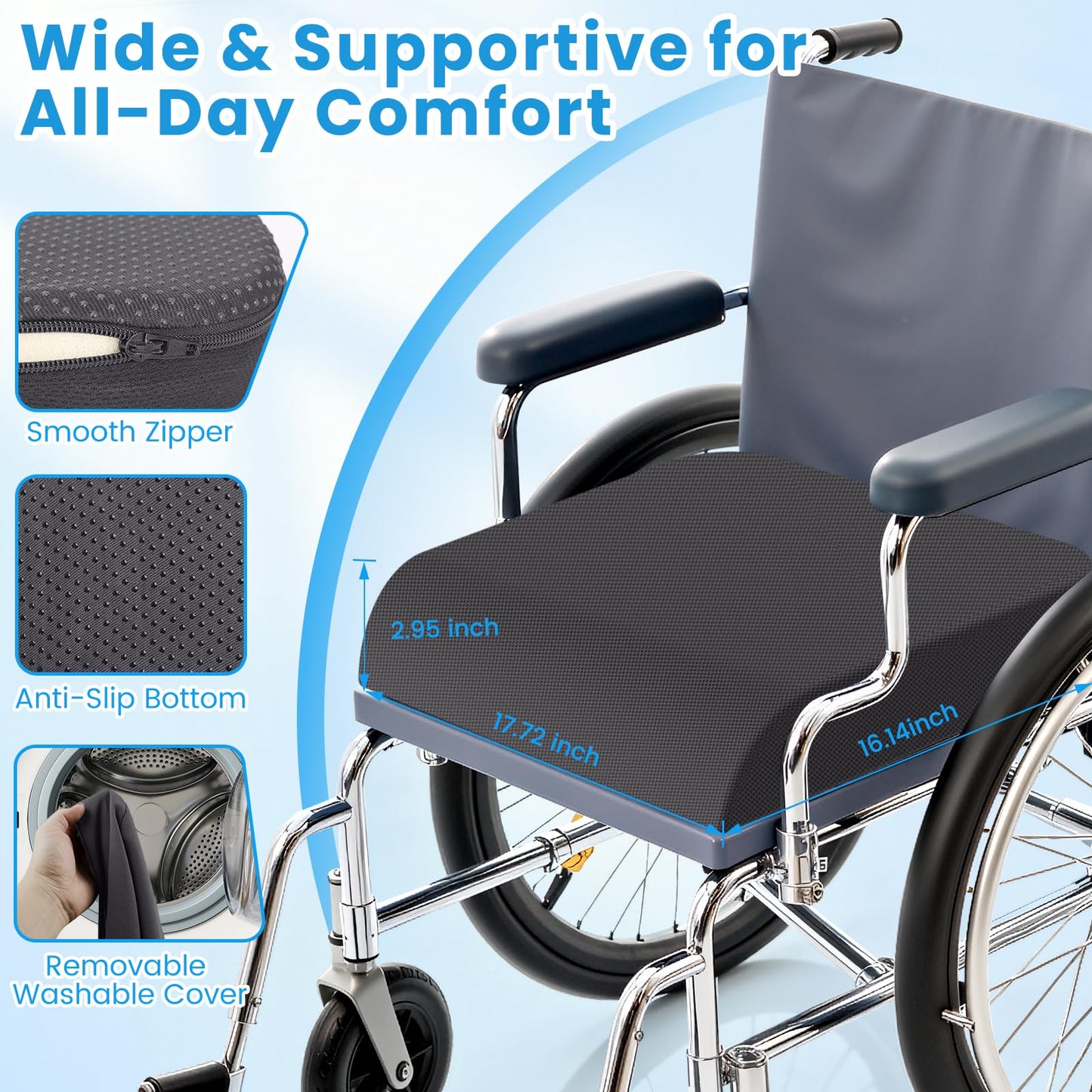 Wheelchair Seat Cushion for Pressure Relief, Cooling Gel Memory Foam Chair Cushion with Slope-Edge Design, Coccyx Support for Tailbone Pain, Non-Slip, for Wheelchairs, Office Chairs & Car Seats