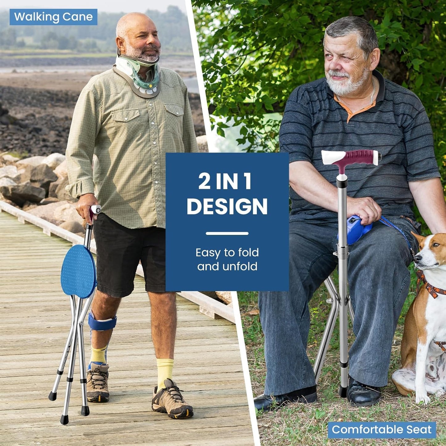 Heavy Duty Folding Cane with Seat Upgraded Tripod Design Walking Stick for Seniors Adjustable Height (32"-36") & Seat (18"-22") Portable Chair Cane for Travel Shopping Outdoor Supports up to 400 LBS