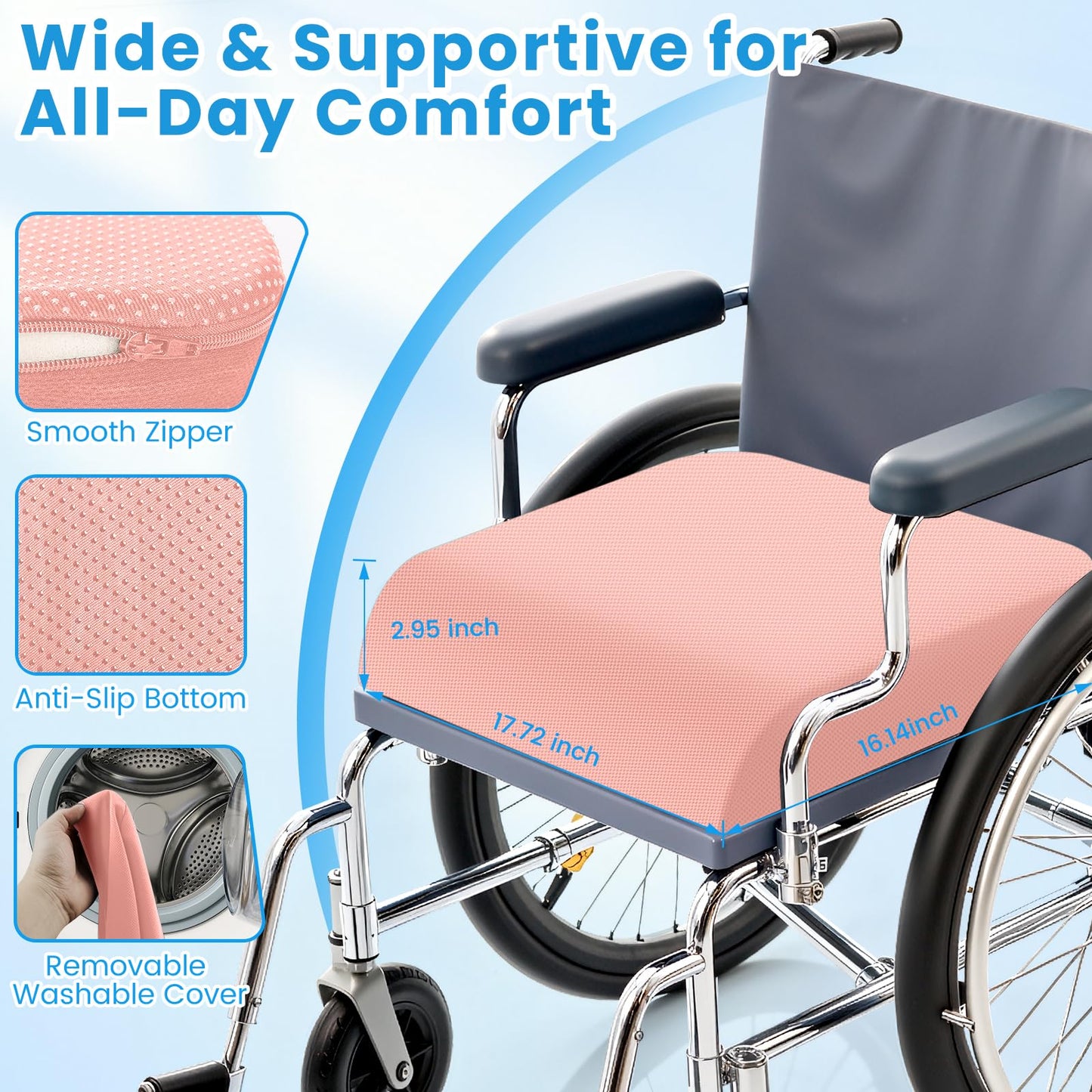 Wheelchair Seat Cushion for Pressure Relief, Cooling Gel Memory Foam Chair Cushion with Slope-Edge Design, Coccyx Support for Tailbone Pain, Non-Slip, for Wheelchairs, Office Chairs & Car Seats