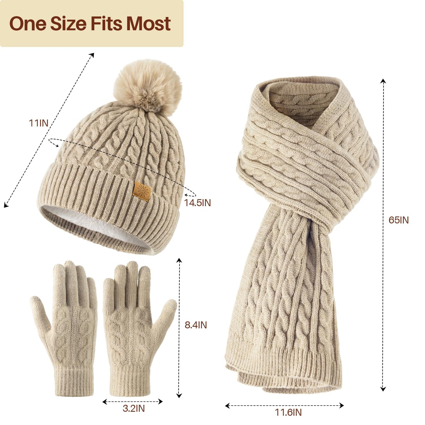 fauson Winter Hat Beanie Long Scarf Touchscreen Gloves Set, 3Pcs Fleece Lined Gloves Skull Cap Valentines Day Gifts for Her