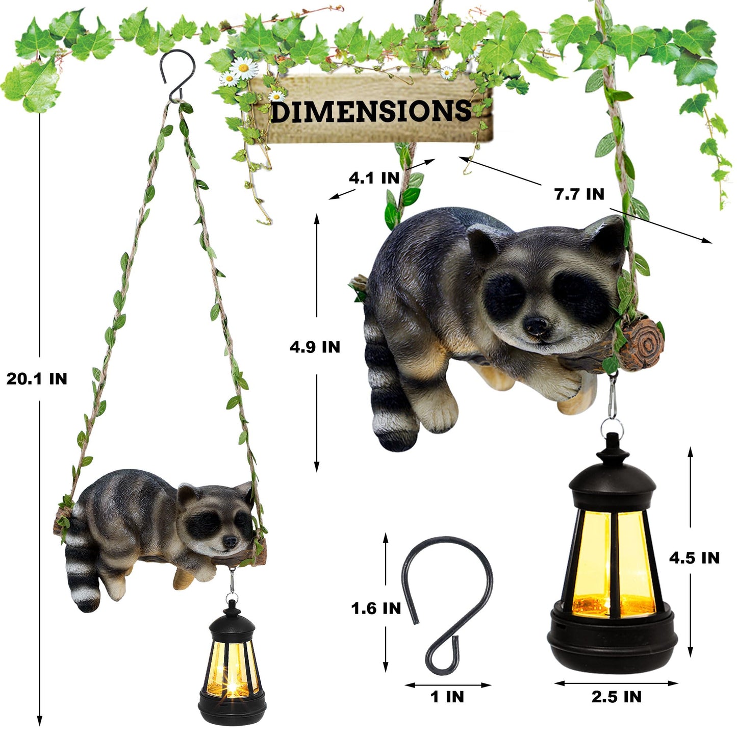 Solar Lighted Garden Outdoor Statue, 22.6" H Hanging Swing Lying with A Sleeping Cat and A LED Lantern, Resin Animal Figurine Hanging Ornaments with Hook for Decoration & Gift