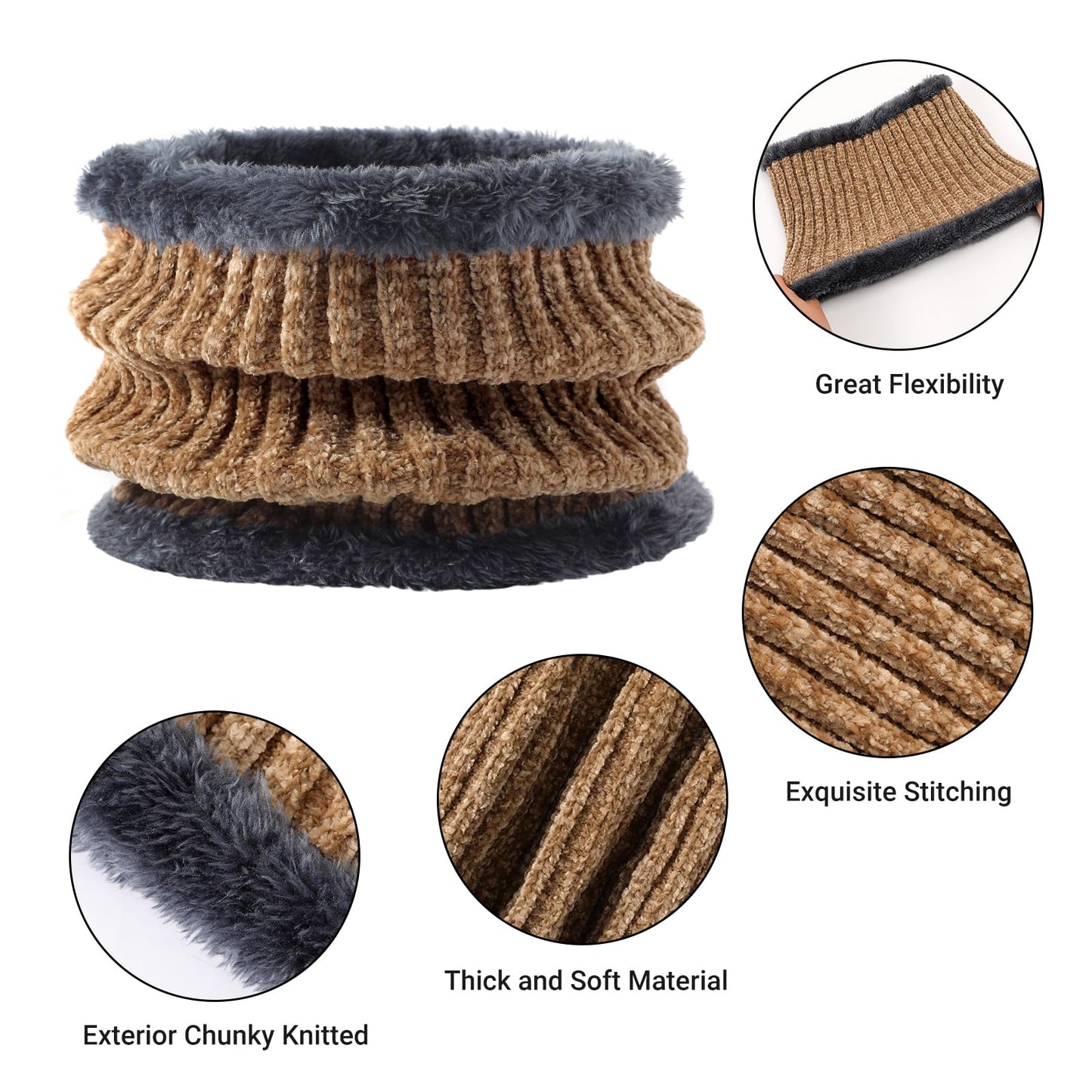 Winter Beanie Hat Circle Scarf Gloves Set for Men Women, Thick Warm Chenille Skull Cap Touchscreen Gloves Neck Warmer
