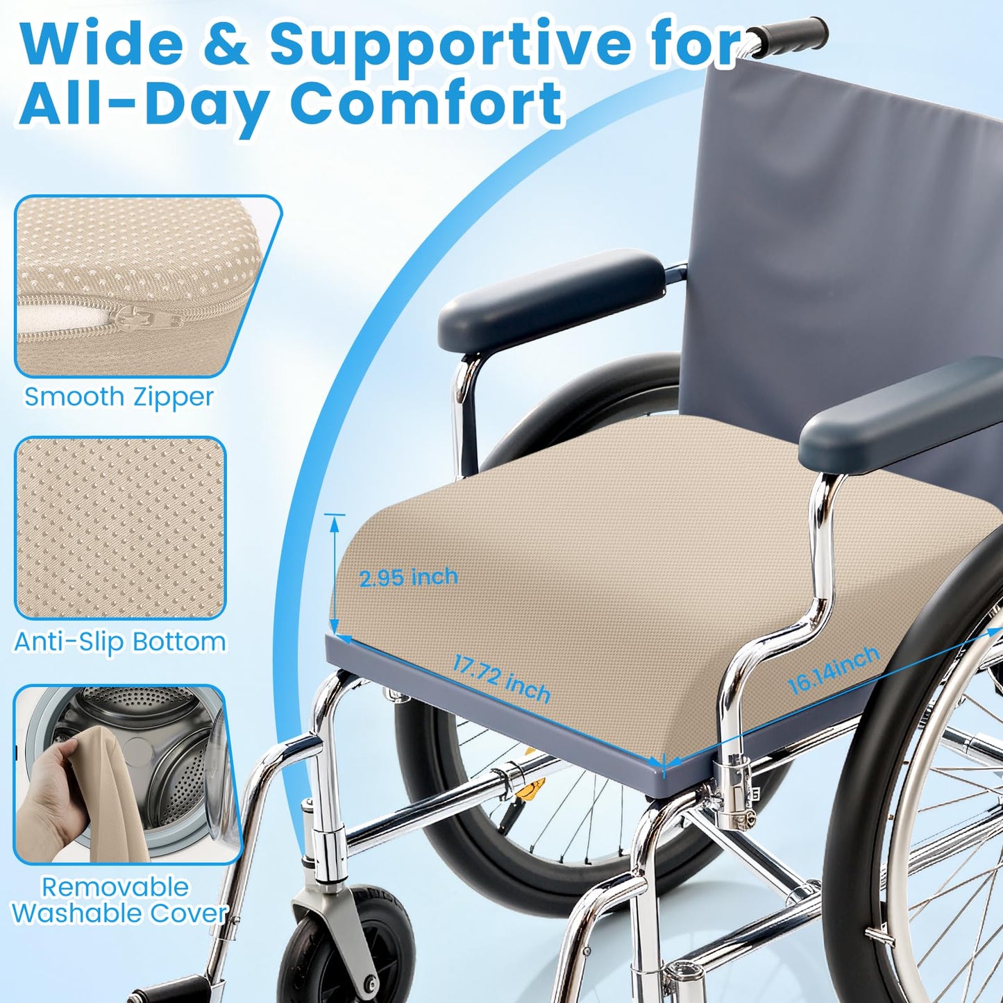 Wheelchair Seat Cushion for Pressure Relief, Cooling Gel Memory Foam Chair Cushion with Slope-Edge Design, Coccyx Support for Tailbone Pain, Non-Slip, for Wheelchairs, Office Chairs & Car Seats
