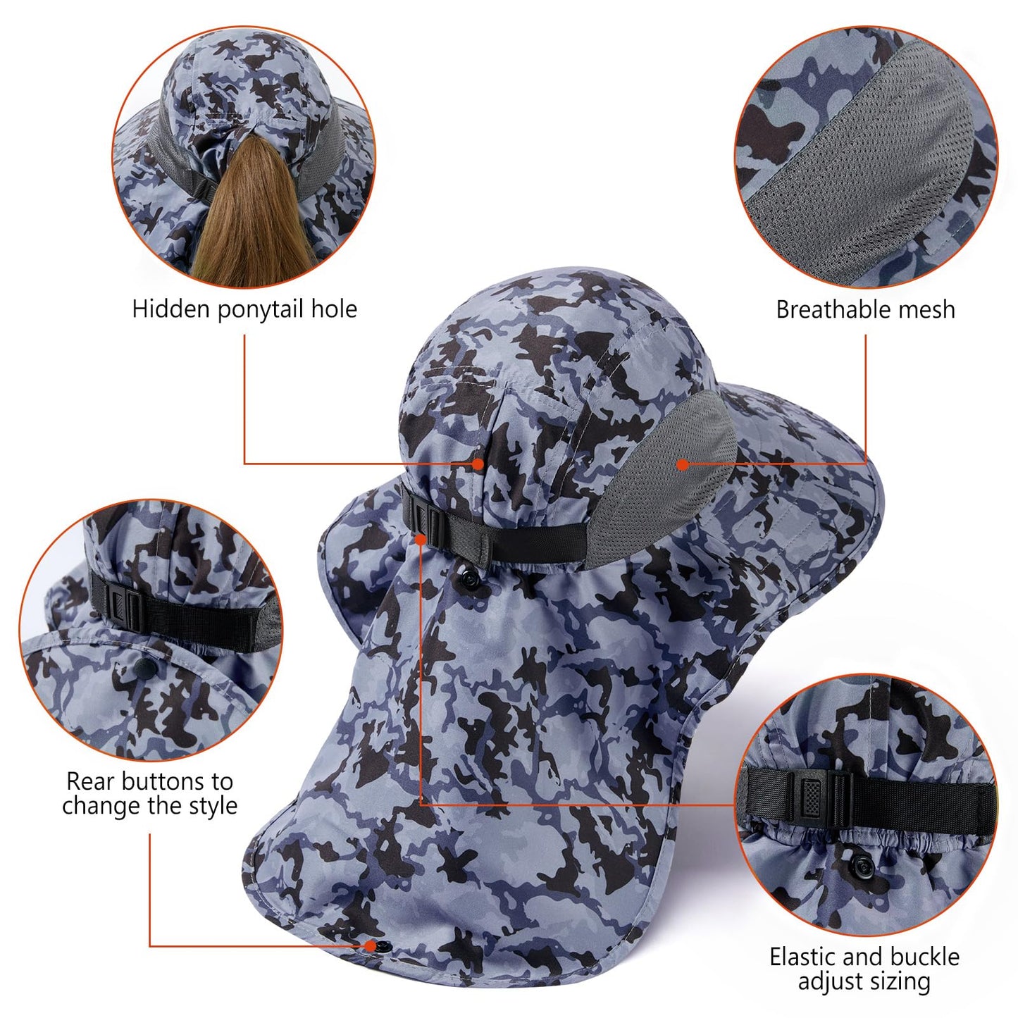 BASSDASH UPF 50+ Unisex Water Resistant Wide Brim Sun Hat with Large Neck Flap Ponytail Fishing Hat for Men Women