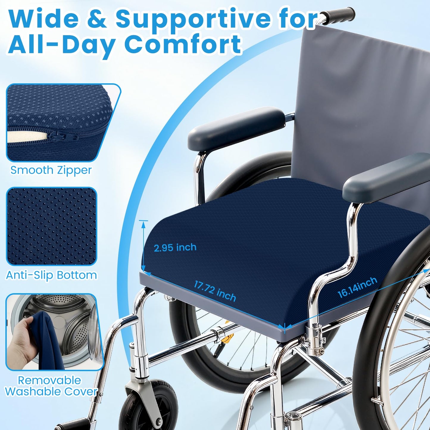 Wheelchair Seat Cushion for Pressure Relief, Cooling Gel Memory Foam Chair Cushion with Slope-Edge Design, Coccyx Support for Tailbone Pain, Non-Slip, for Wheelchairs, Office Chairs & Car Seats