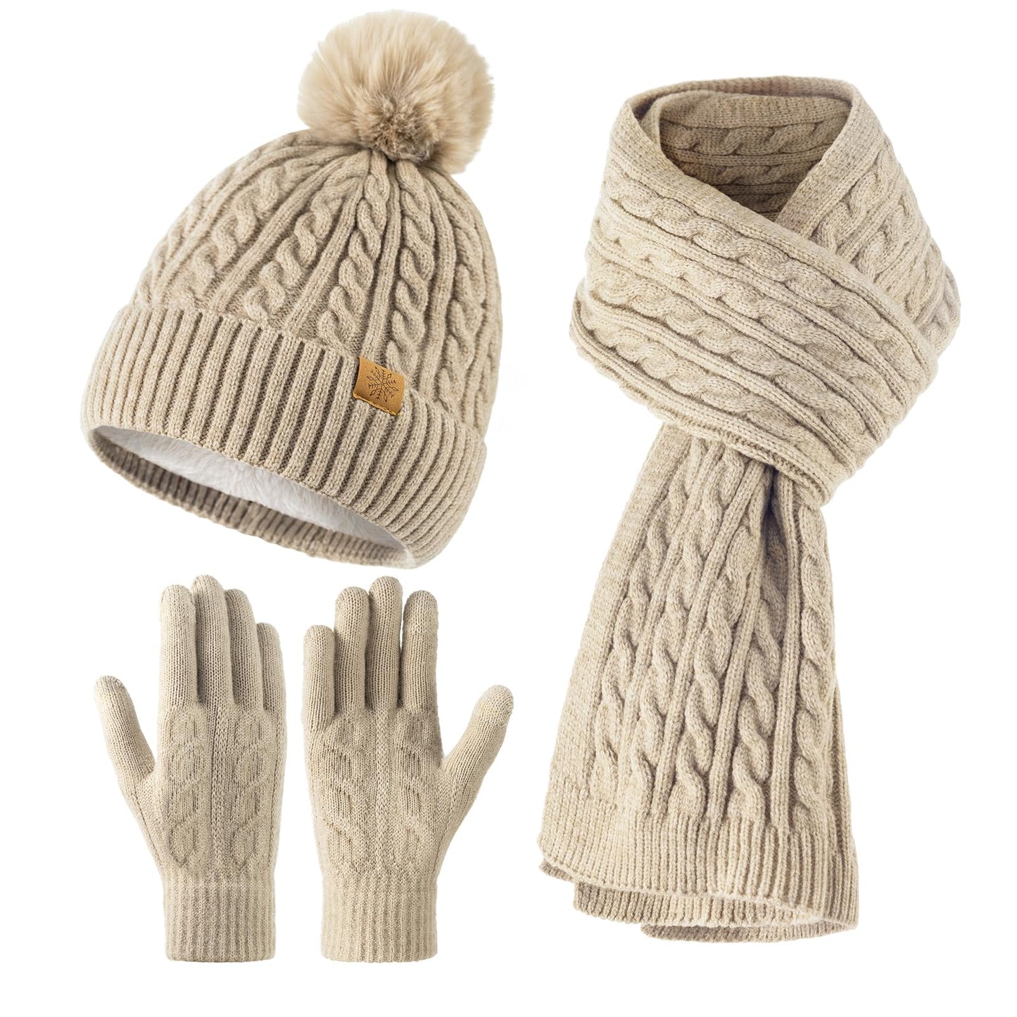 fauson Winter Hat Beanie Long Scarf Touchscreen Gloves Set, 3Pcs Fleece Lined Gloves Skull Cap Valentines Day Gifts for Her