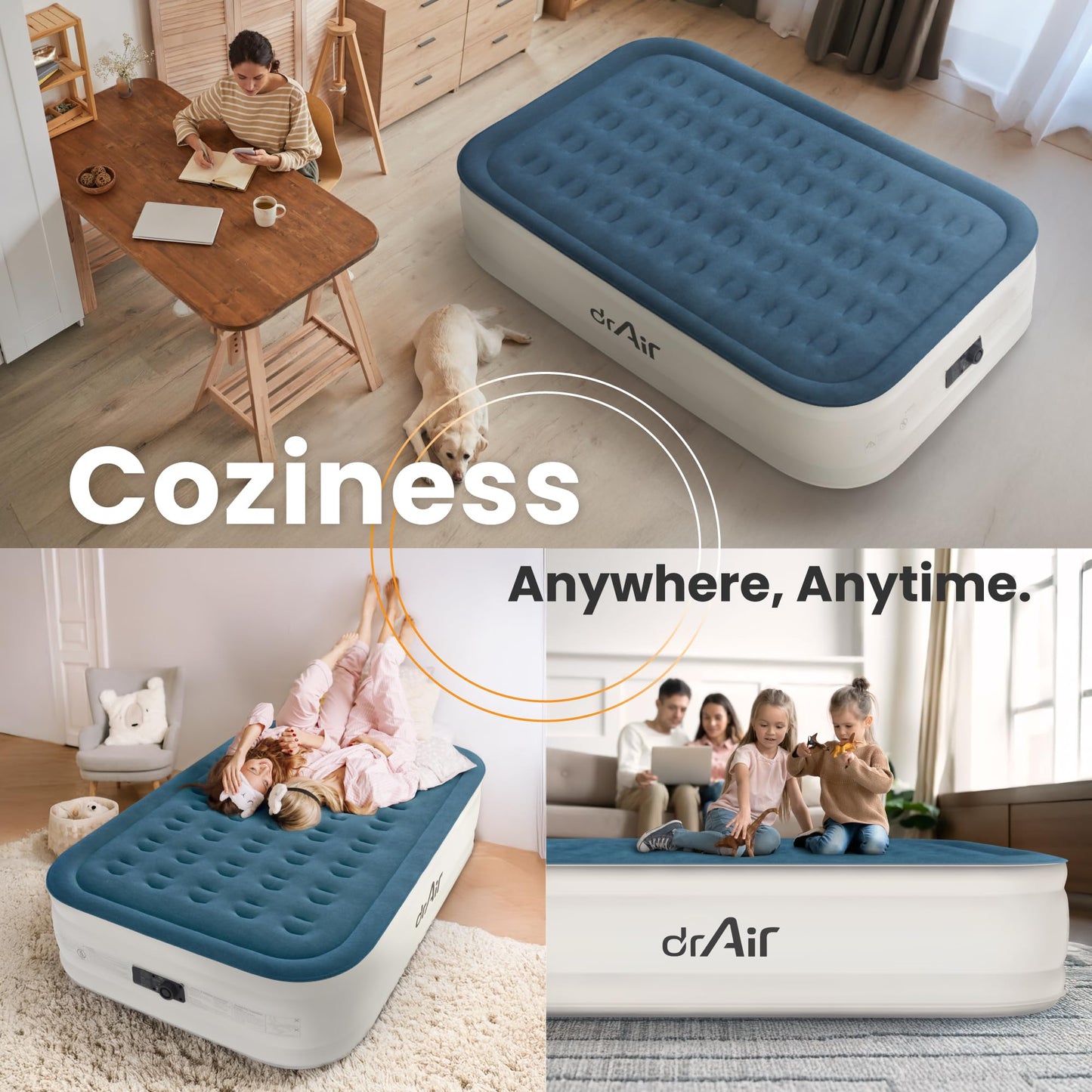Dr. air Full Air Mattress with Built-in Pump, 18" Raised Blow Up Mattress, 600 lbs Max Honeycomb Air Bed, 48Hr Leak-Proof Test, 3min Inflatable Mattress for Home, Guests, Camping, Colchones inflables