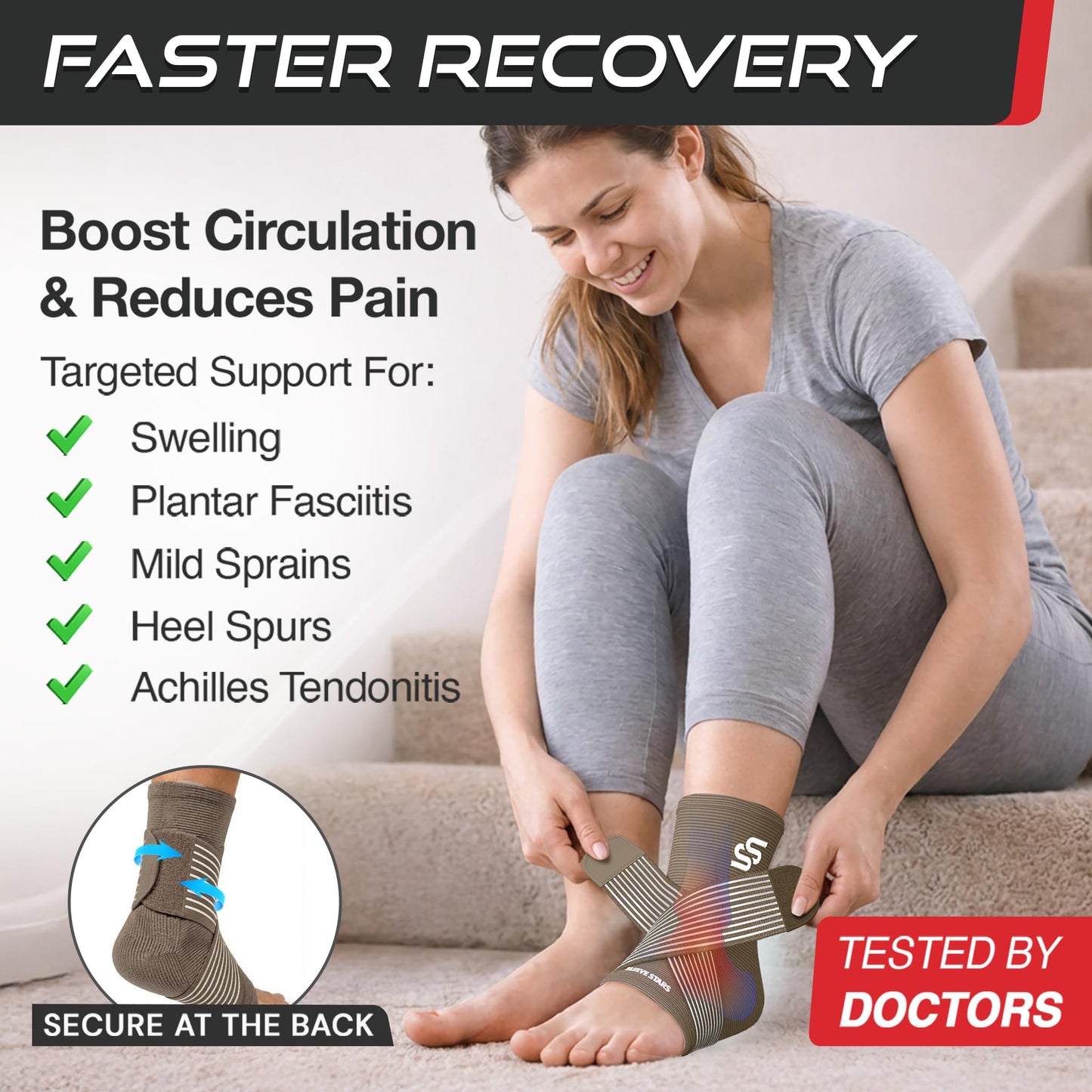 Sleeve Stars Ankle Brace for Women & Men, Ankle Wrap for Sprain, Compression Sleeve for Plantar Fasciitis Relief, Easy Customizable Support: w/ Removable Strap (Single/M:10"-12"/Black)