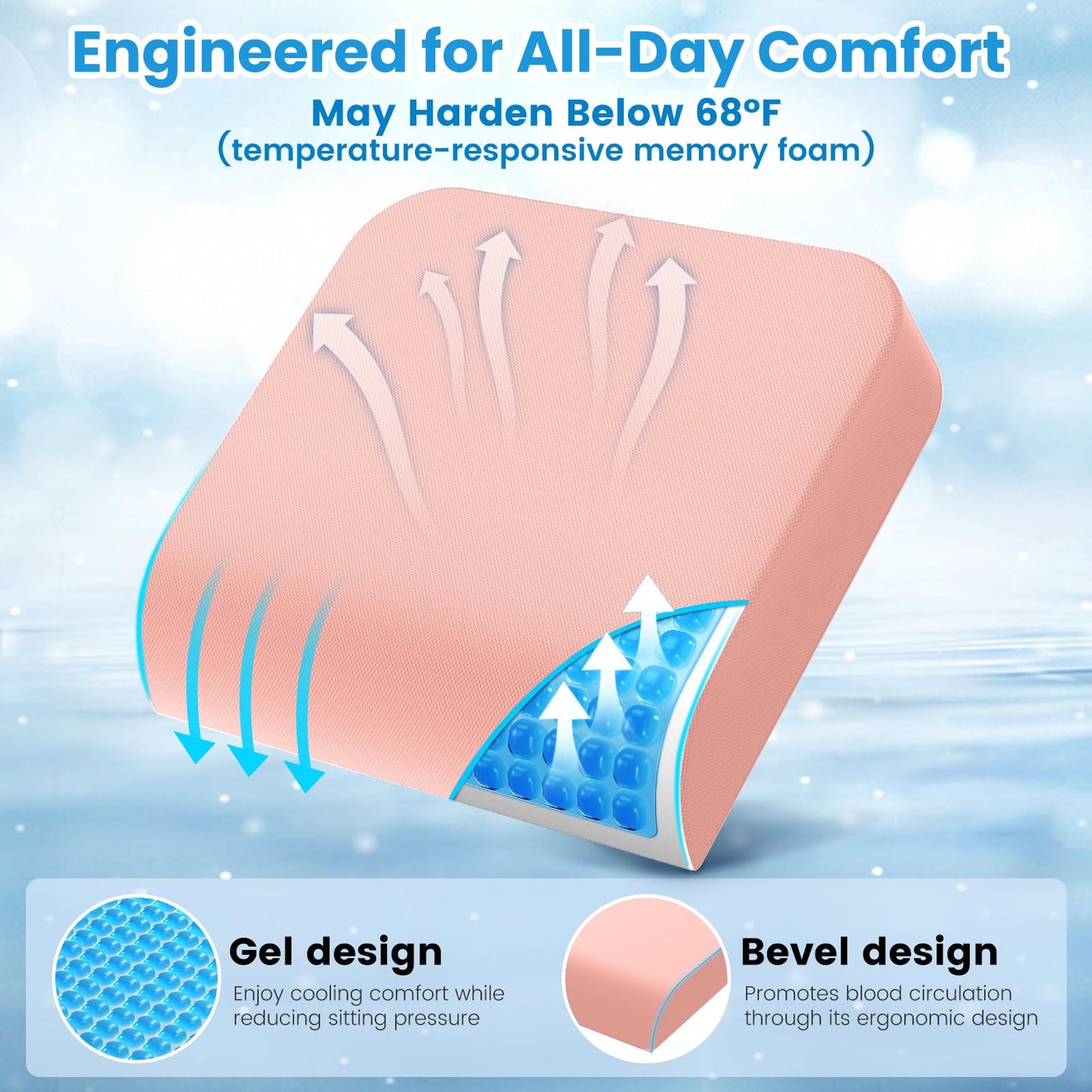 Wheelchair Seat Cushion for Pressure Relief, Cooling Gel Memory Foam Chair Cushion with Slope-Edge Design, Coccyx Support for Tailbone Pain, Non-Slip, for Wheelchairs, Office Chairs & Car Seats