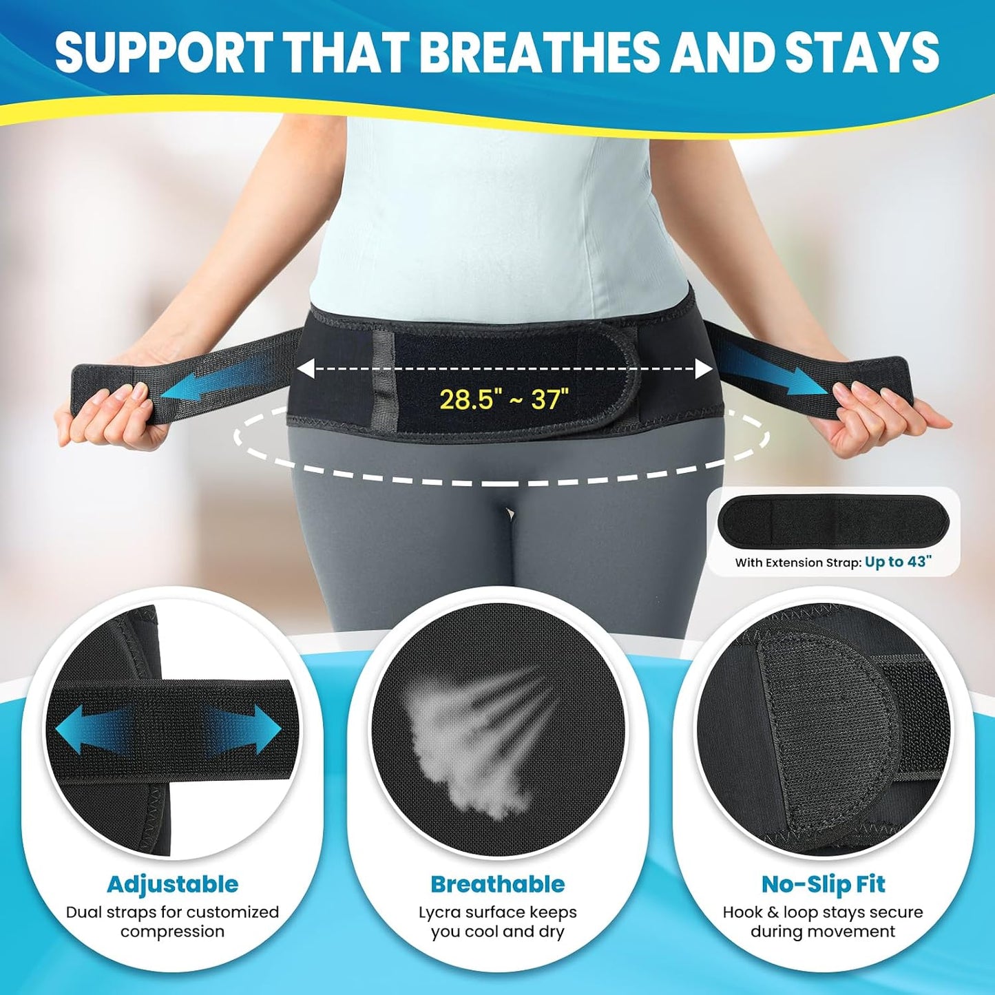 Sacroiliac Belt for Women & Men – Adjustable Hip Brace & SI Joint Belt with Removable 3D Pads, Back & Pelvic Support for Sciatica and Lower Back Pain Relief(Black)