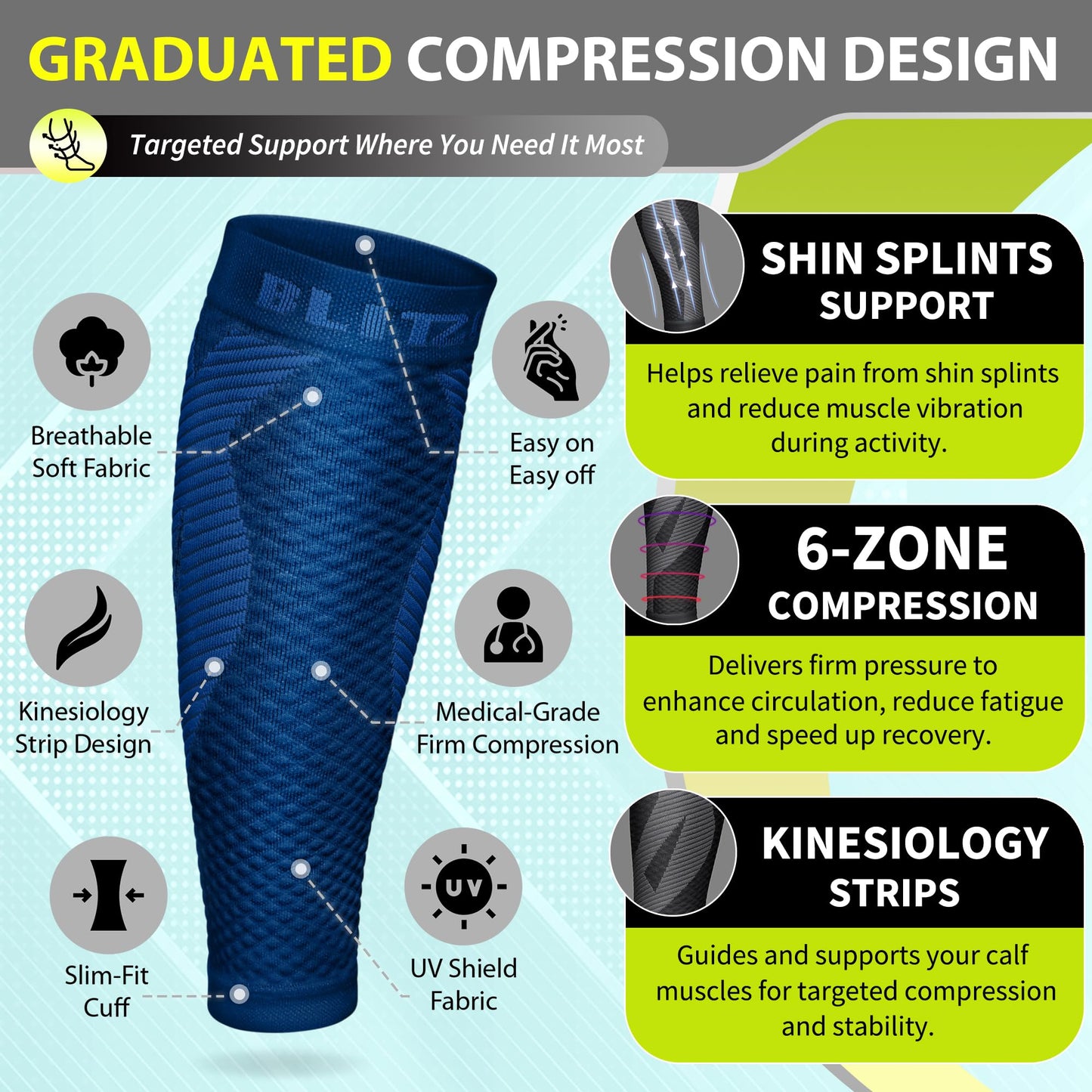BLITZU Calf Compression Sleeve for Men & Women Footless Compression Socks Support Runners Leg Sleeve Shin Splints Pain Relief