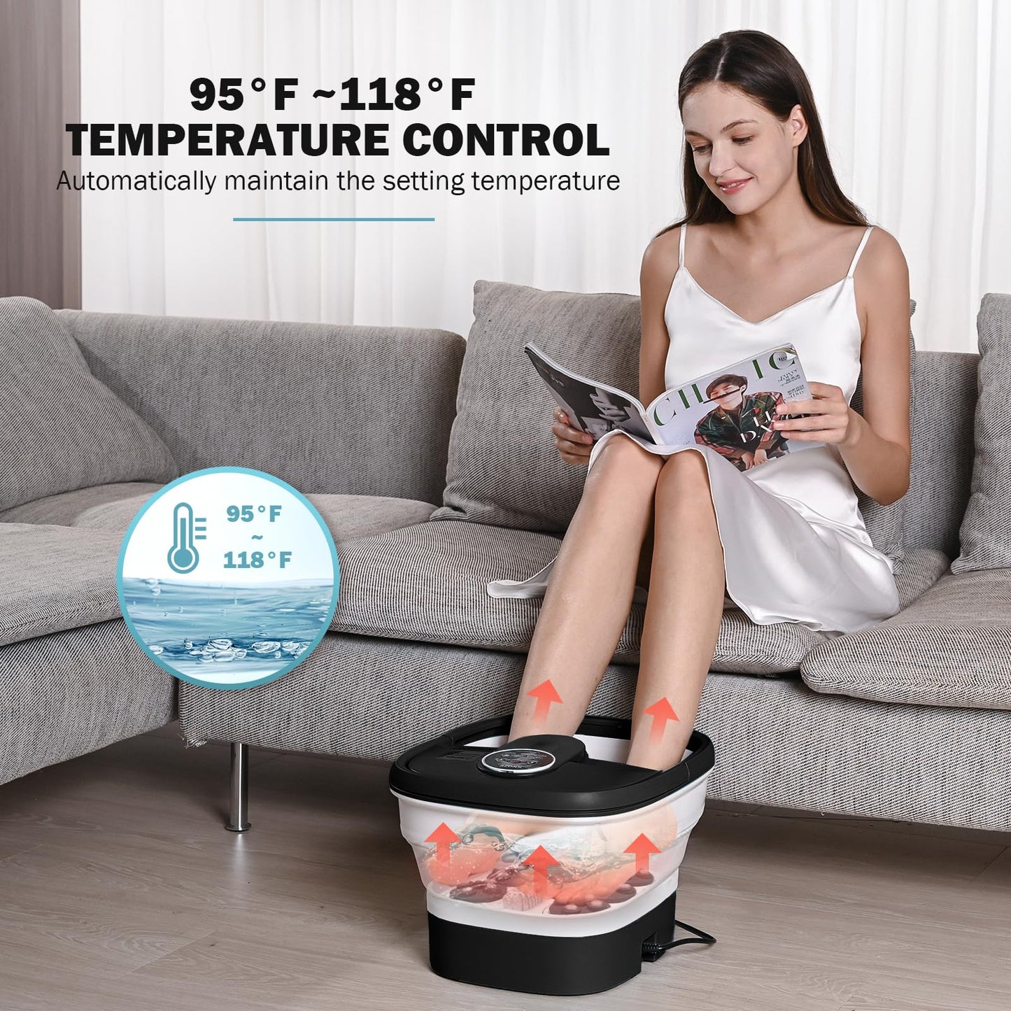KNQZE Collapsible Foot Spa Bath with Heat & Remote Control, Bubble Massage, Temperature Control, Red Light, Timer, 16 Rollers & Pumice Stone for a Soothing Spa Experience