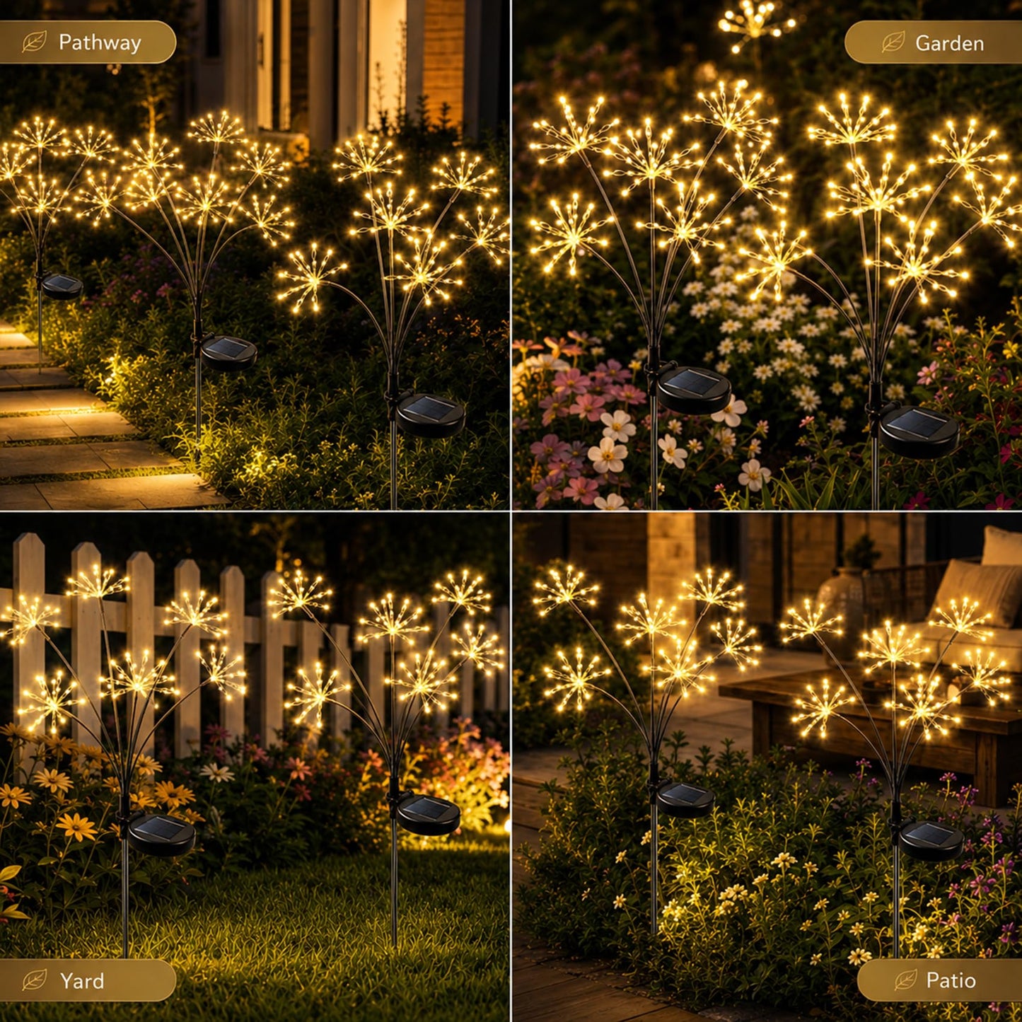 JJGoo Solar Garden Lights, New Upgraded 2 Pack Solar Swaying Starburst Light, Waterproof Fireworks Outdoor Lights, Yard Patio Pathway Decoration, Warm White
