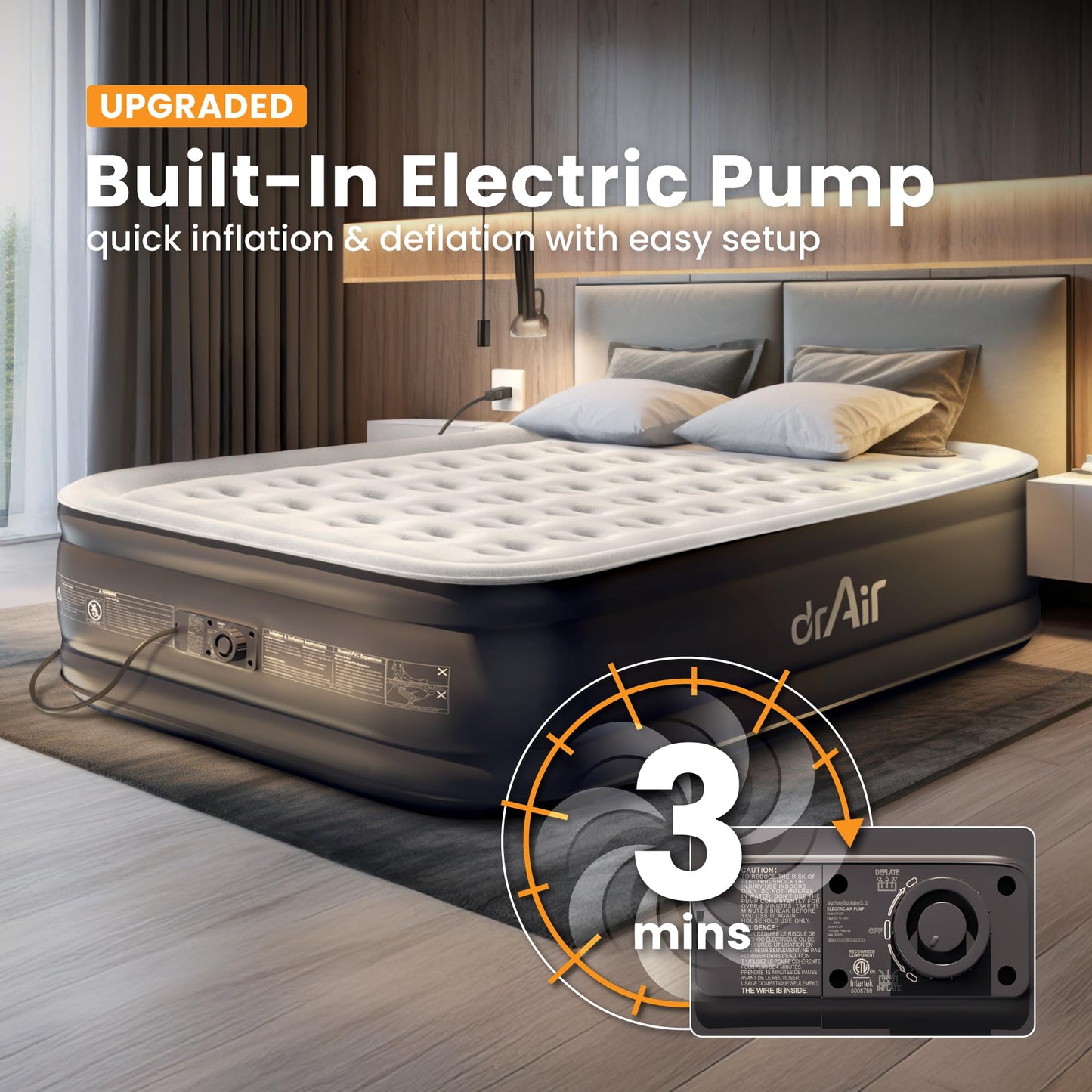 Dr. air Full Air Mattress with Built-in Pump, 18" Raised Blow Up Mattress, 600 lbs Max Honeycomb Air Bed, 48Hr Leak-Proof Test, 3min Inflatable Mattress for Home, Guests, Camping, Colchones inflables
