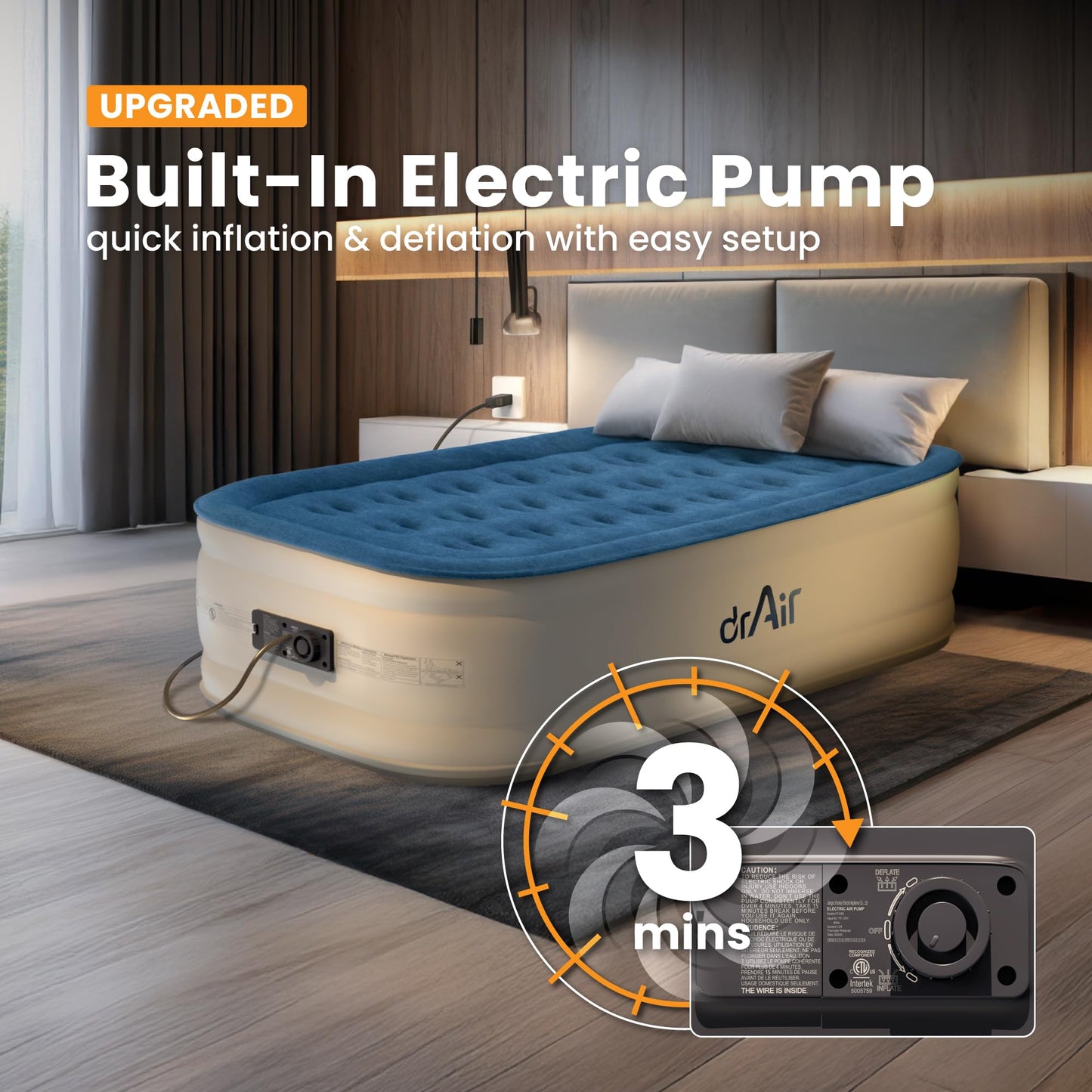 Dr. air Full Air Mattress with Built-in Pump, 18" Raised Blow Up Mattress, 600 lbs Max Honeycomb Air Bed, 48Hr Leak-Proof Test, 3min Inflatable Mattress for Home, Guests, Camping, Colchones inflables