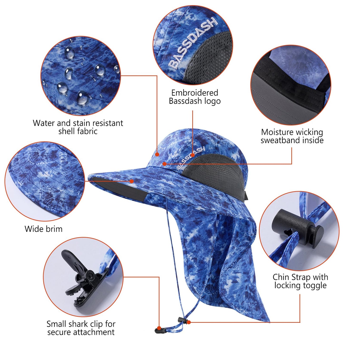 BASSDASH UPF 50+ Unisex Water Resistant Wide Brim Sun Hat with Large Neck Flap Ponytail Fishing Hat for Men Women