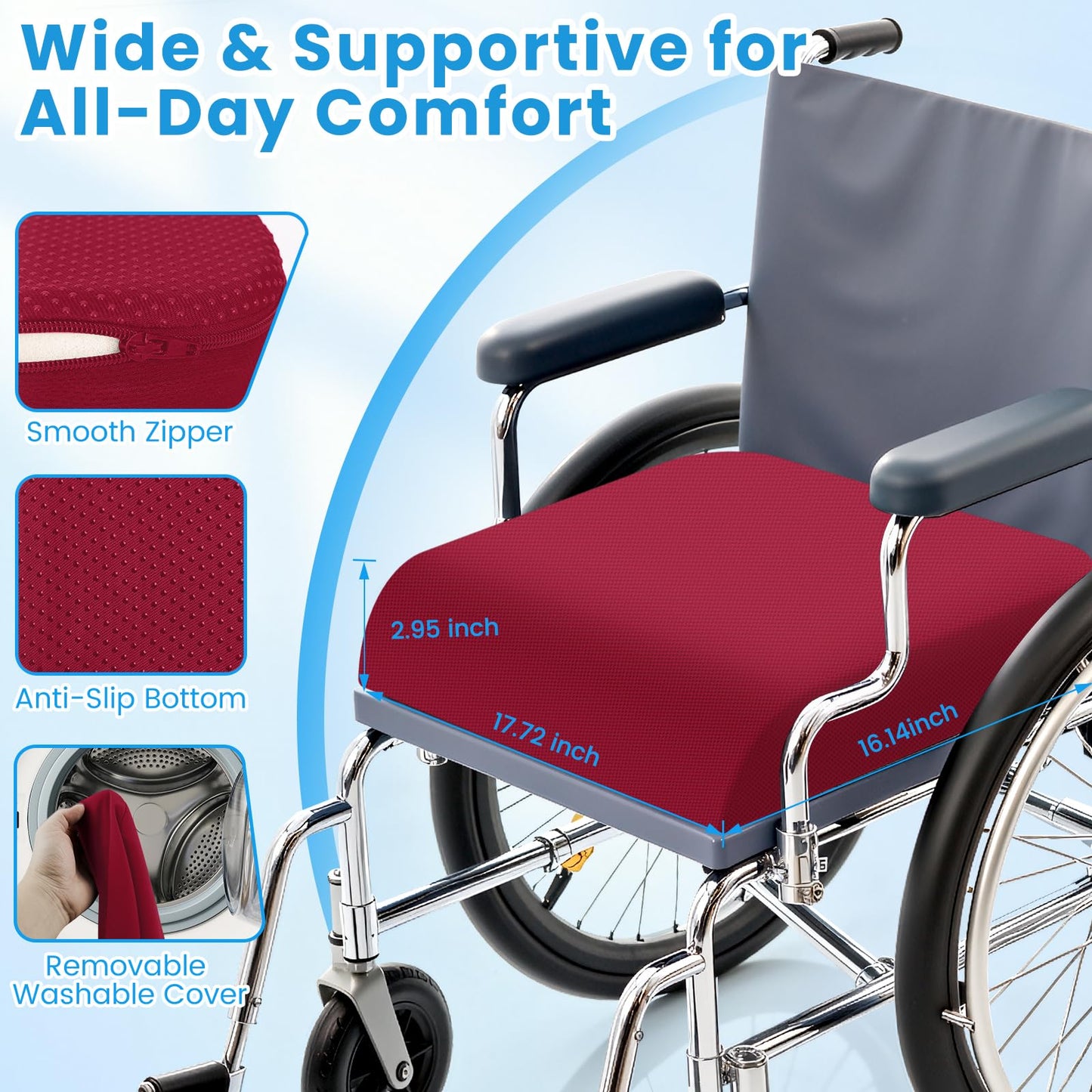 Wheelchair Seat Cushion for Pressure Relief, Cooling Gel Memory Foam Chair Cushion with Slope-Edge Design, Coccyx Support for Tailbone Pain, Non-Slip, for Wheelchairs, Office Chairs & Car Seats