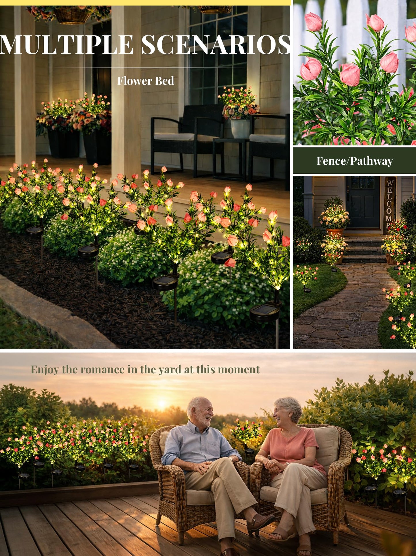 GIGALUMI Solar Garden Lights with Gardenias, 2 Pack LED Garden Decor Carefree Solar Flowers Outdoor Waterproof, Yard Decorations Outdoor, Allergy-Free Light up Flowers for Yard Patio (1white+1yellow)