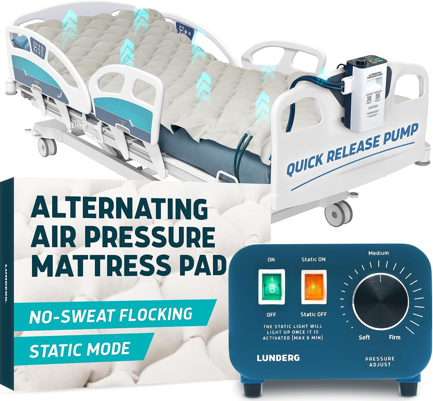 Lunderg Alternating Air Pressure Mattress Pad with Static Mode - Comfortable Bed Sore Prevention - Includes Waterproof Mattress Topper for Hospital Bed or Home & Quiet Pump - Doctors Recommended