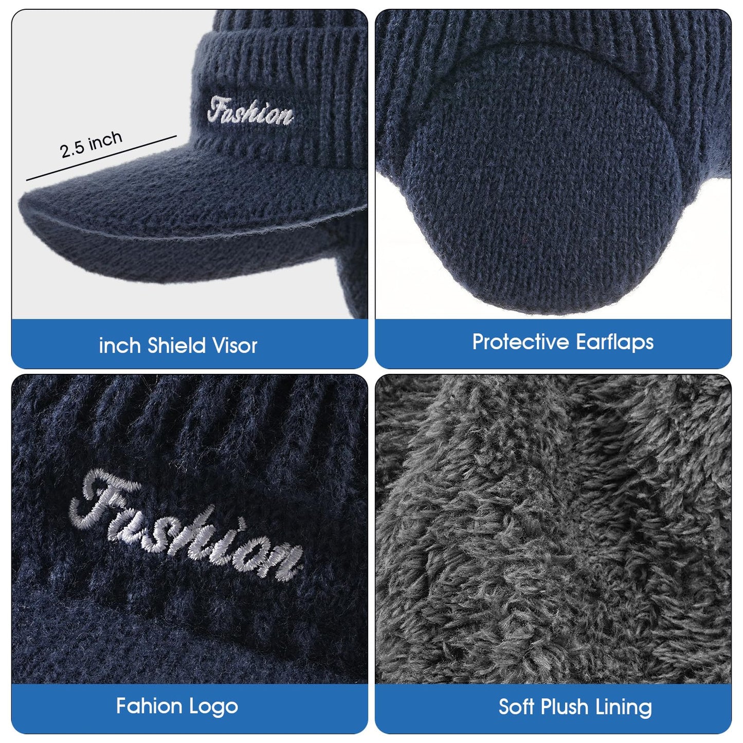 Winter Hat with Ear Flaps for Men, Beanie with Brim Hat Scarf Set, Warm Fleece Lined Skull Cap Neck Warmer for Women