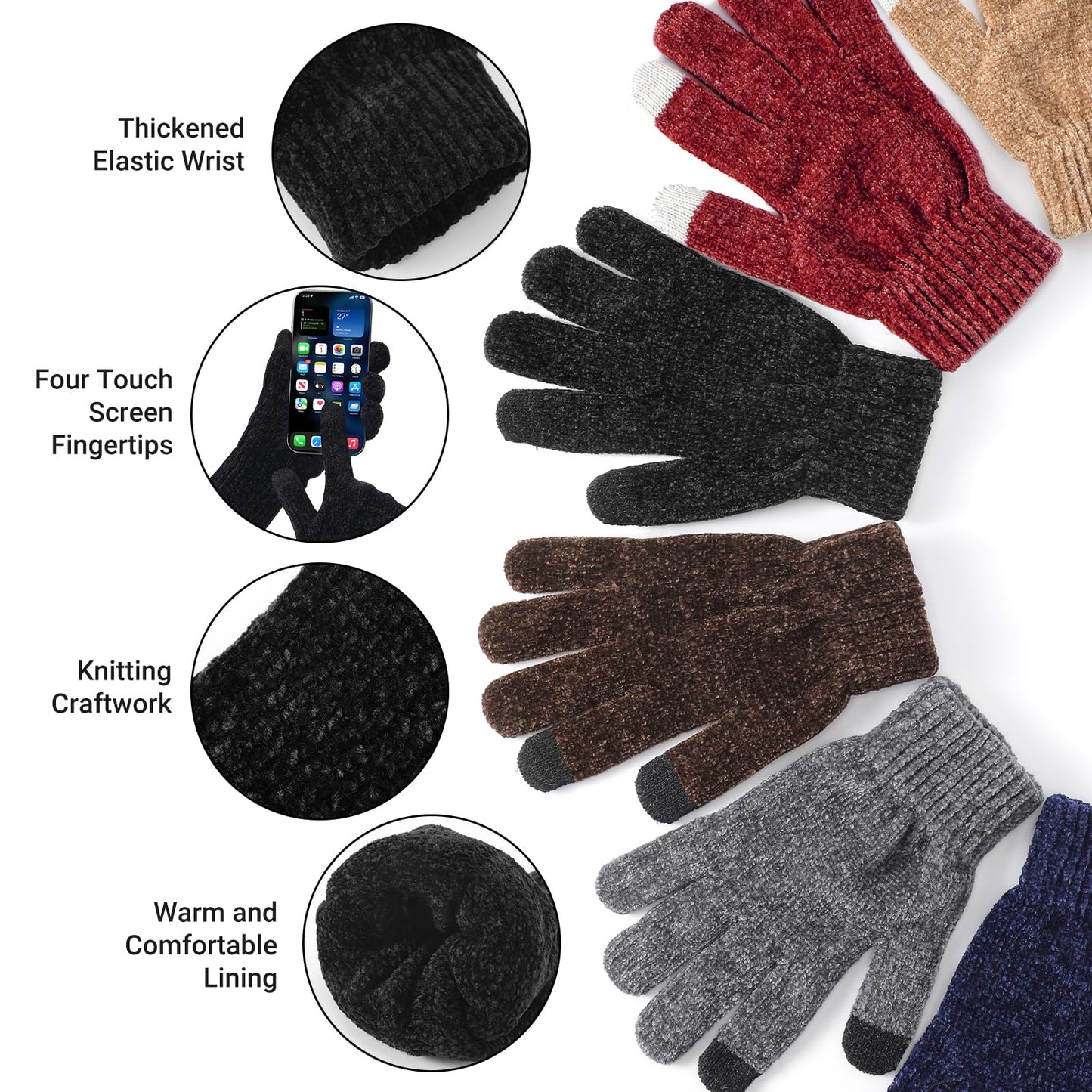 Winter Beanie Hat Circle Scarf Gloves Set for Men Women, Thick Warm Chenille Skull Cap Touchscreen Gloves Neck Warmer