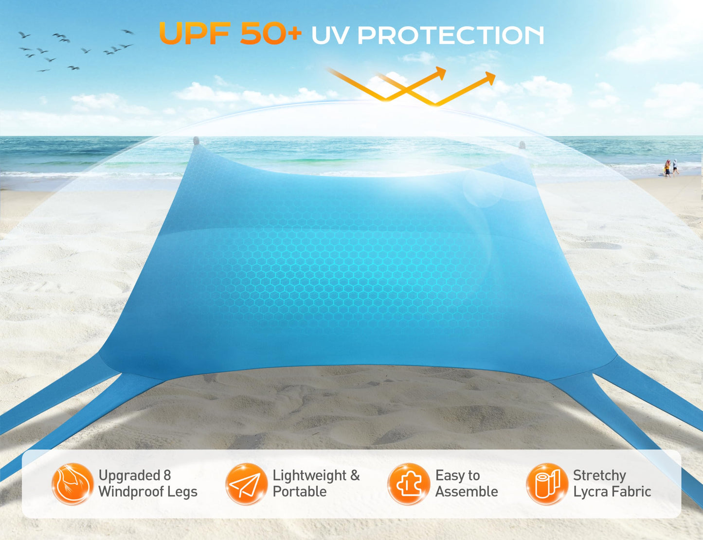 Rengue Beach Tent, Beach Canopy UPF50+ UV Protection, 10x10ft Beach Shade Sun Shelter with 8 Sandbags, Sand Shovels, Ground Peg, Stability Poles for Camping, Fishing, Picnic, Backyard Fun, Light Green