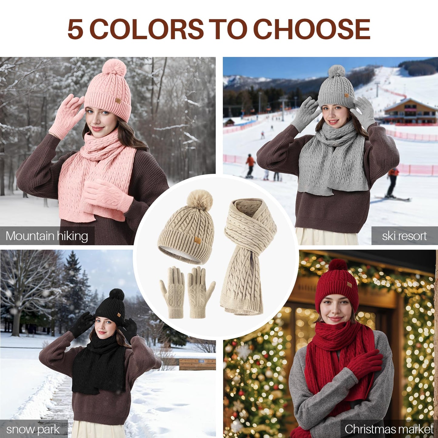 fauson Winter Hat Beanie Long Scarf Touchscreen Gloves Set, 3Pcs Fleece Lined Gloves Skull Cap Valentines Day Gifts for Her
