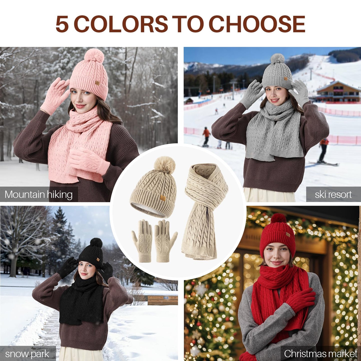 fauson Winter Hat Beanie Long Scarf Touchscreen Gloves Set, 3Pcs Fleece Lined Gloves Skull Cap Valentines Day Gifts for Her
