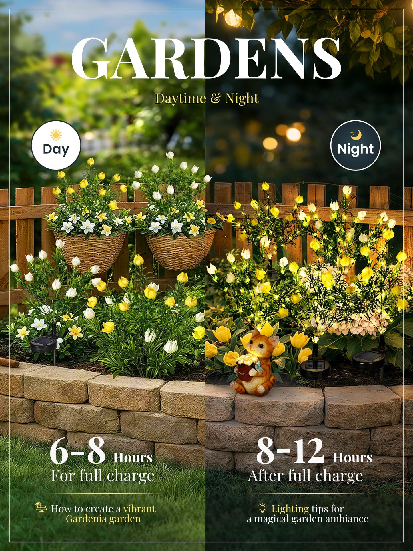 GIGALUMI Solar Garden Lights with Gardenias, 2 Pack LED Garden Decor Carefree Solar Flowers Outdoor Waterproof, Yard Decorations Outdoor, Allergy-Free Light up Flowers for Yard Patio (1white+1yellow)