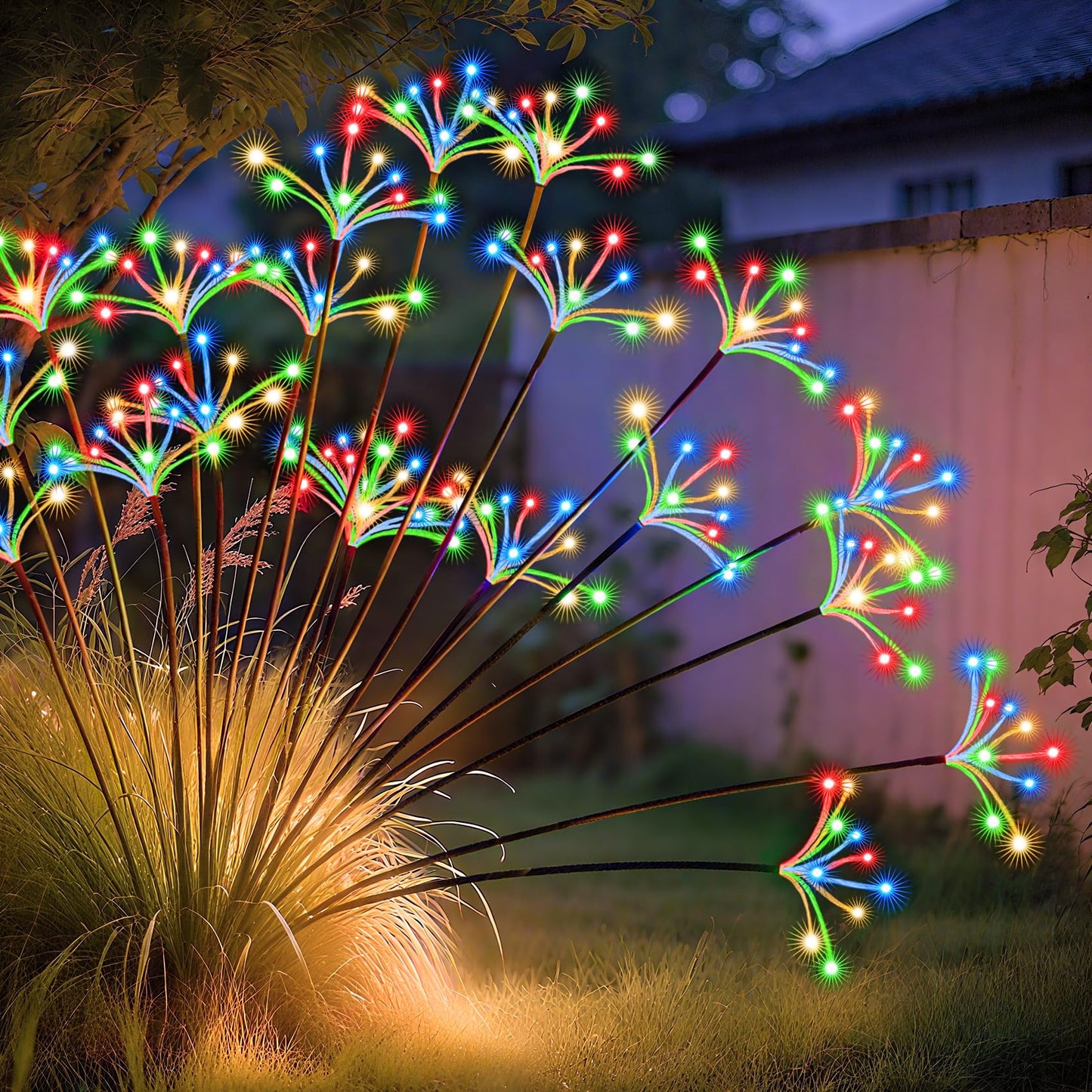 JJGoo Solar Garden Lights, New Upgraded 2 Pack Solar Swaying Starburst Light, Waterproof Fireworks Outdoor Lights, Yard Patio Pathway Decoration, Warm White