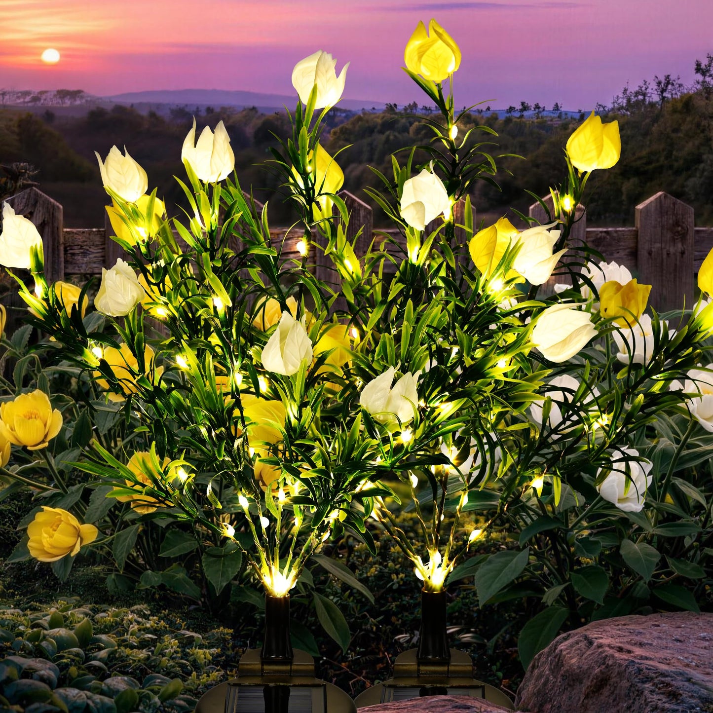 GIGALUMI Solar Garden Lights with Gardenias, 2 Pack LED Garden Decor Carefree Solar Flowers Outdoor Waterproof, Yard Decorations Outdoor, Allergy-Free Light up Flowers for Yard Patio (1white+1yellow)