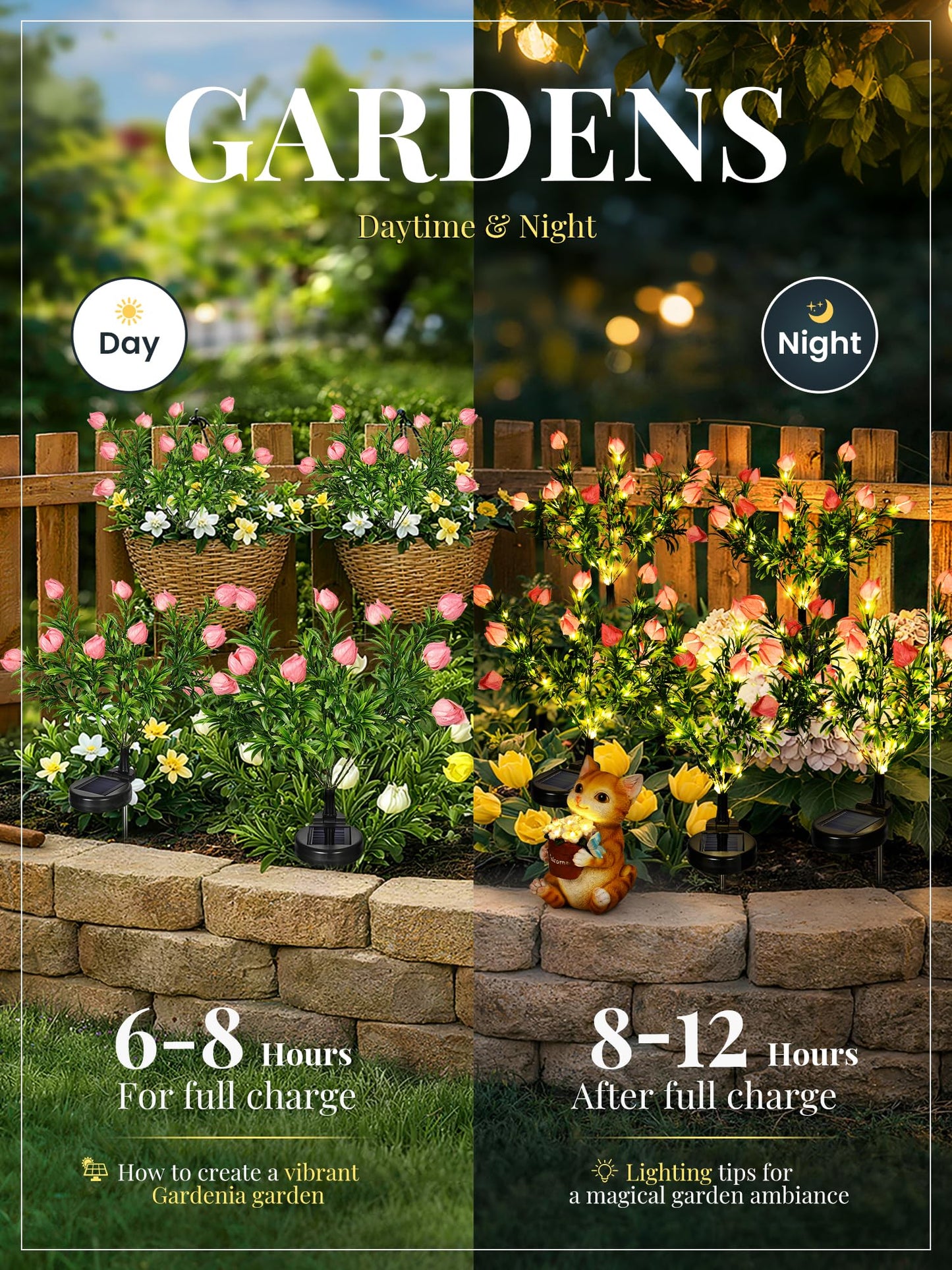 GIGALUMI Solar Garden Lights with Gardenias, 2 Pack LED Garden Decor Carefree Solar Flowers Outdoor Waterproof, Yard Decorations Outdoor, Allergy-Free Light up Flowers for Yard Patio (1white+1yellow)