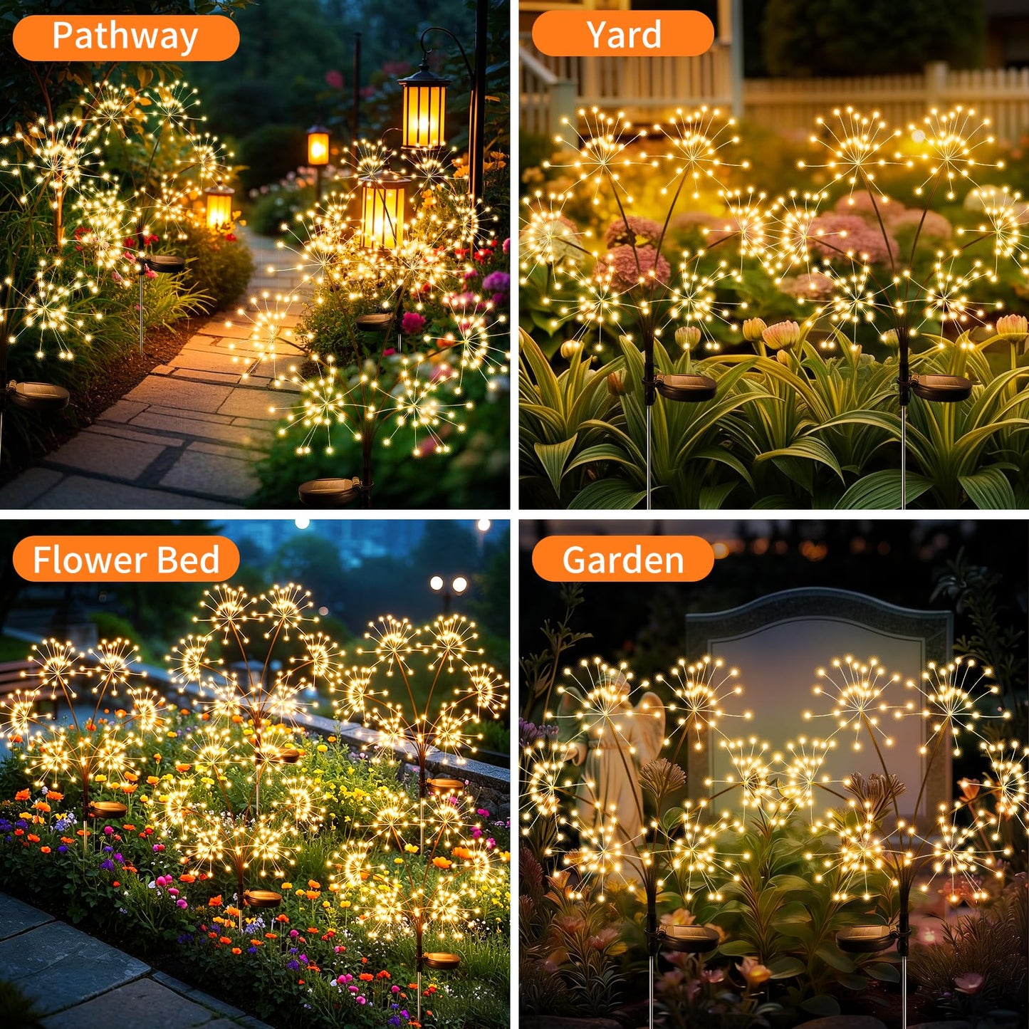 JJGoo Solar Garden Lights, New Upgraded 2 Pack Solar Swaying Starburst Light, Waterproof Fireworks Outdoor Lights, Yard Patio Pathway Decoration, Warm White