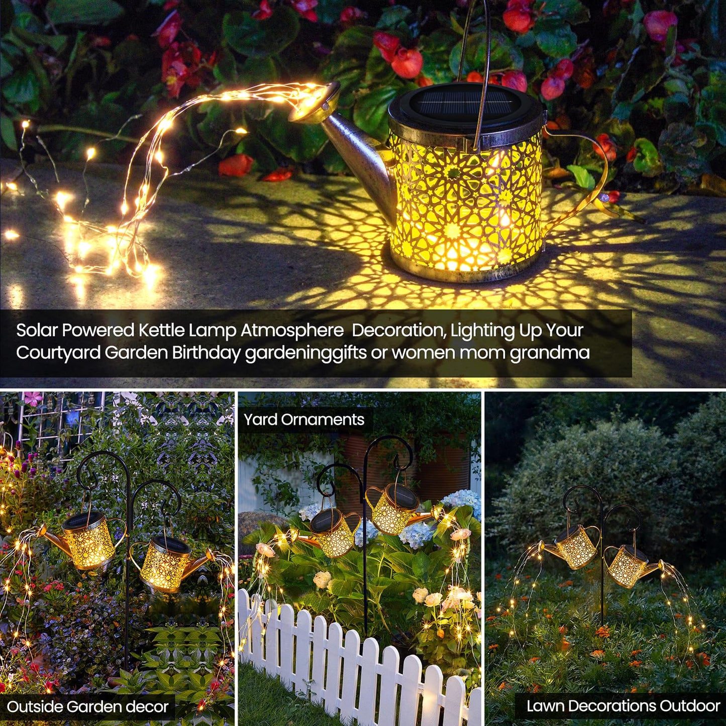 Solar Lights Outdoor Decorative, Metal Watering Can Lights Waterproof, Small Hanging Garden Decor Yard Outside Patio Lawn, Gifts for Mom Grandma Women Birthday(Warm White)
