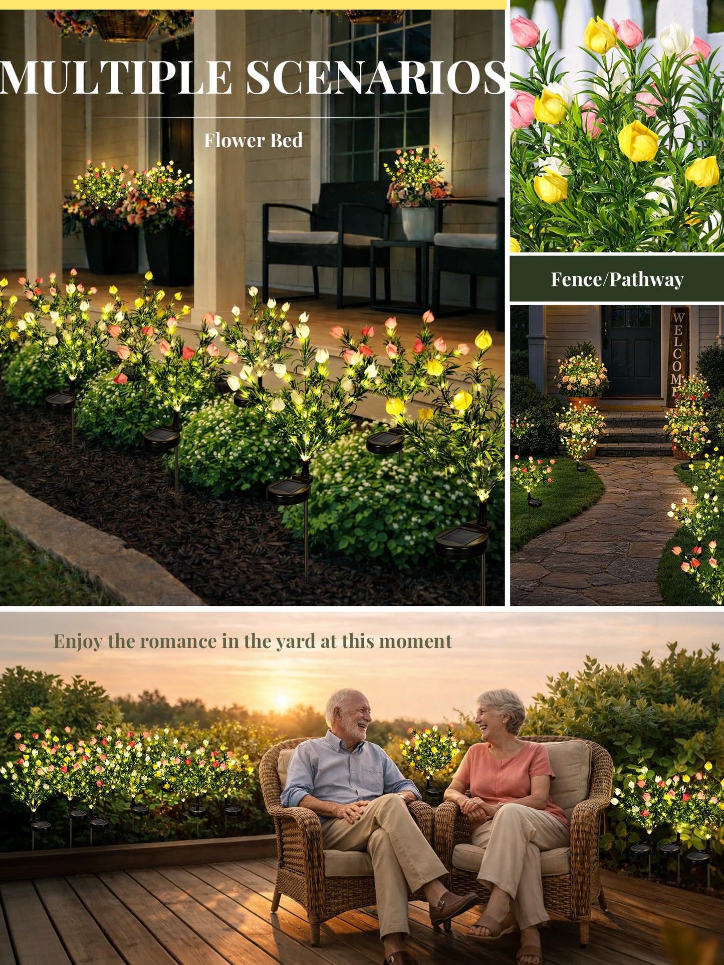 GIGALUMI Solar Garden Lights with Gardenias, 2 Pack LED Garden Decor Carefree Solar Flowers Outdoor Waterproof, Yard Decorations Outdoor, Allergy-Free Light up Flowers for Yard Patio (1white+1yellow)