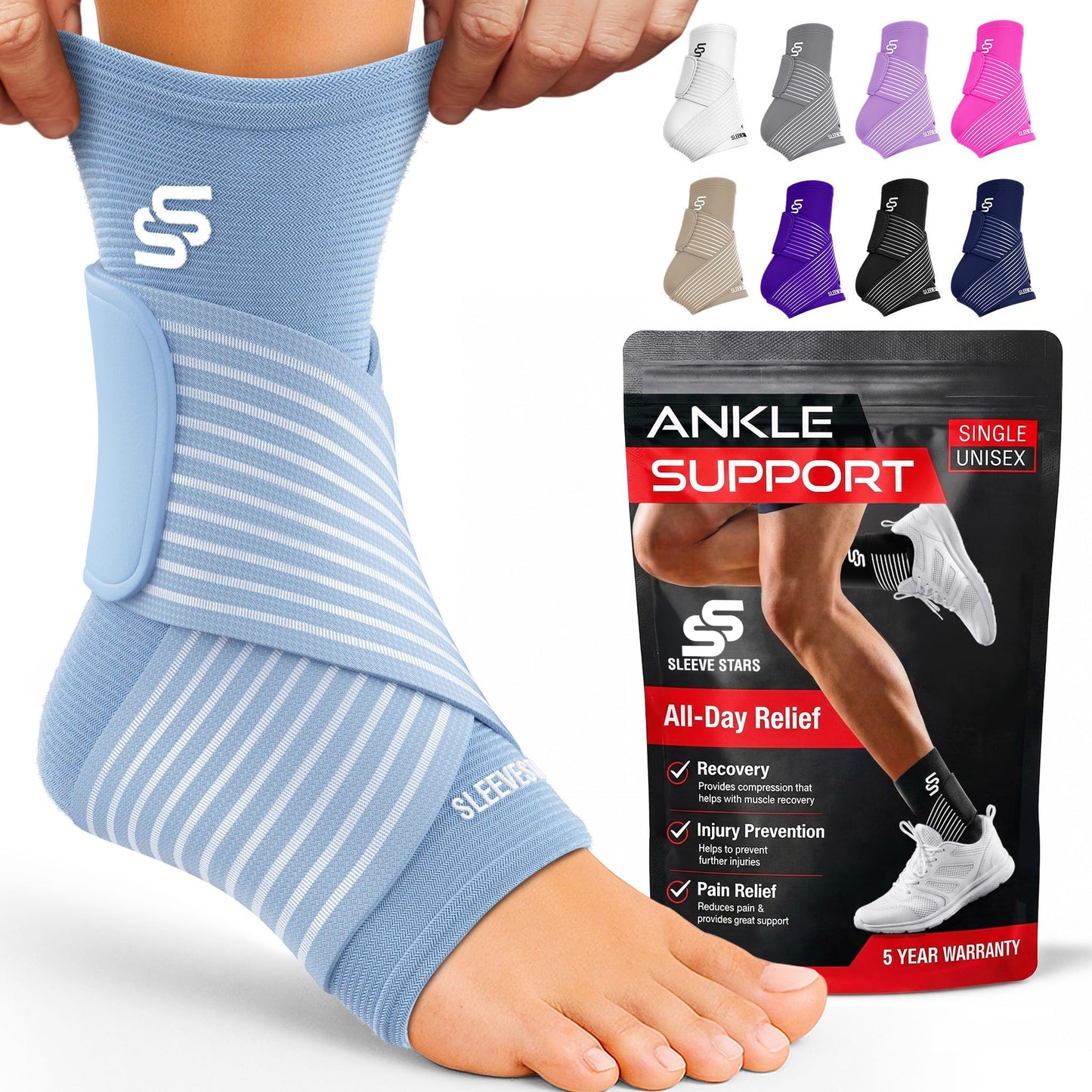 Sleeve Stars Ankle Brace for Women & Men, Ankle Wrap for Sprain, Compression Sleeve for Plantar Fasciitis Relief, Easy Customizable Support: w/ Removable Strap (Single/M:10"-12"/Black)