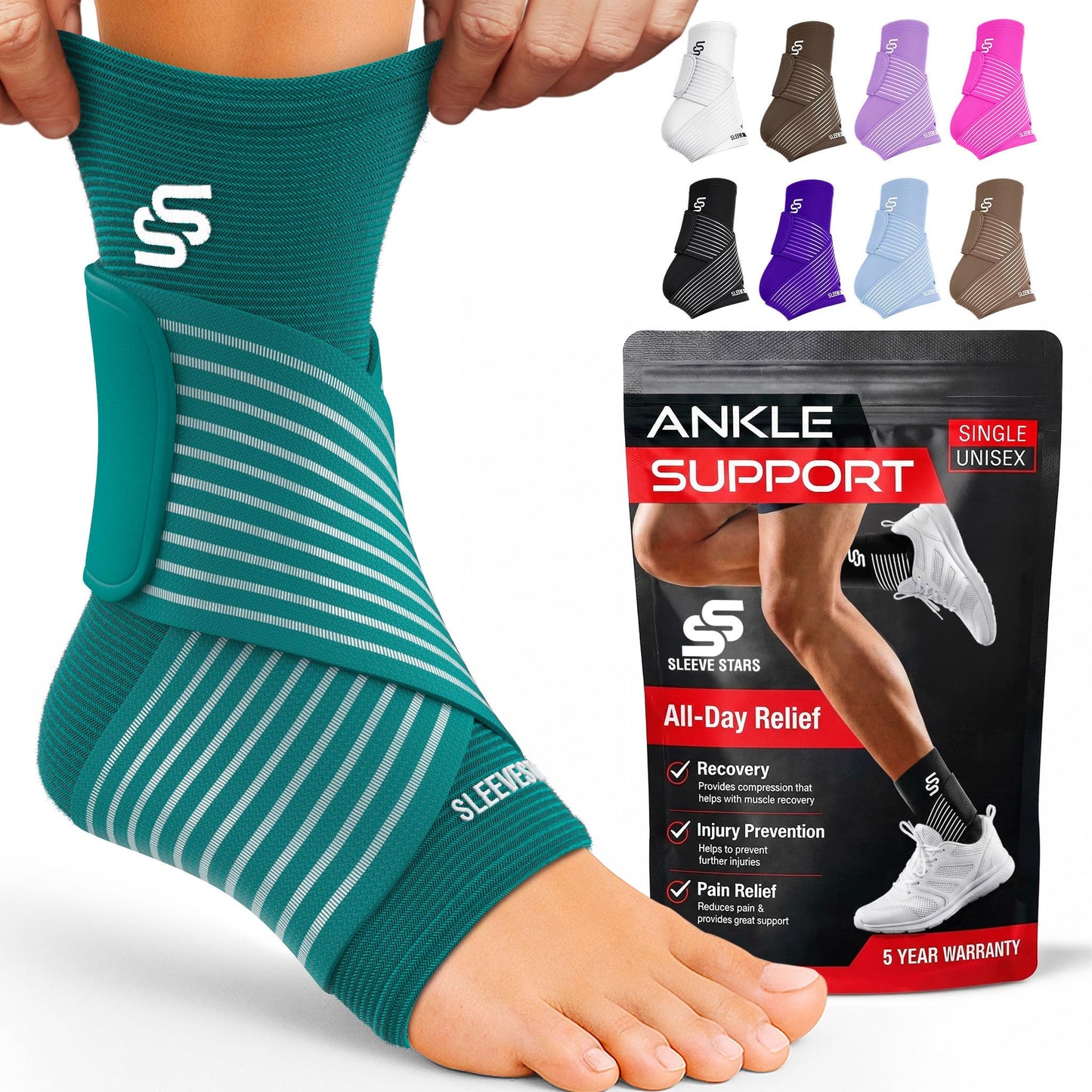 Sleeve Stars Ankle Brace for Women & Men, Ankle Wrap for Sprain, Compression Sleeve for Plantar Fasciitis Relief, Easy Customizable Support: w/ Removable Strap (Single/M:10"-12"/Black)