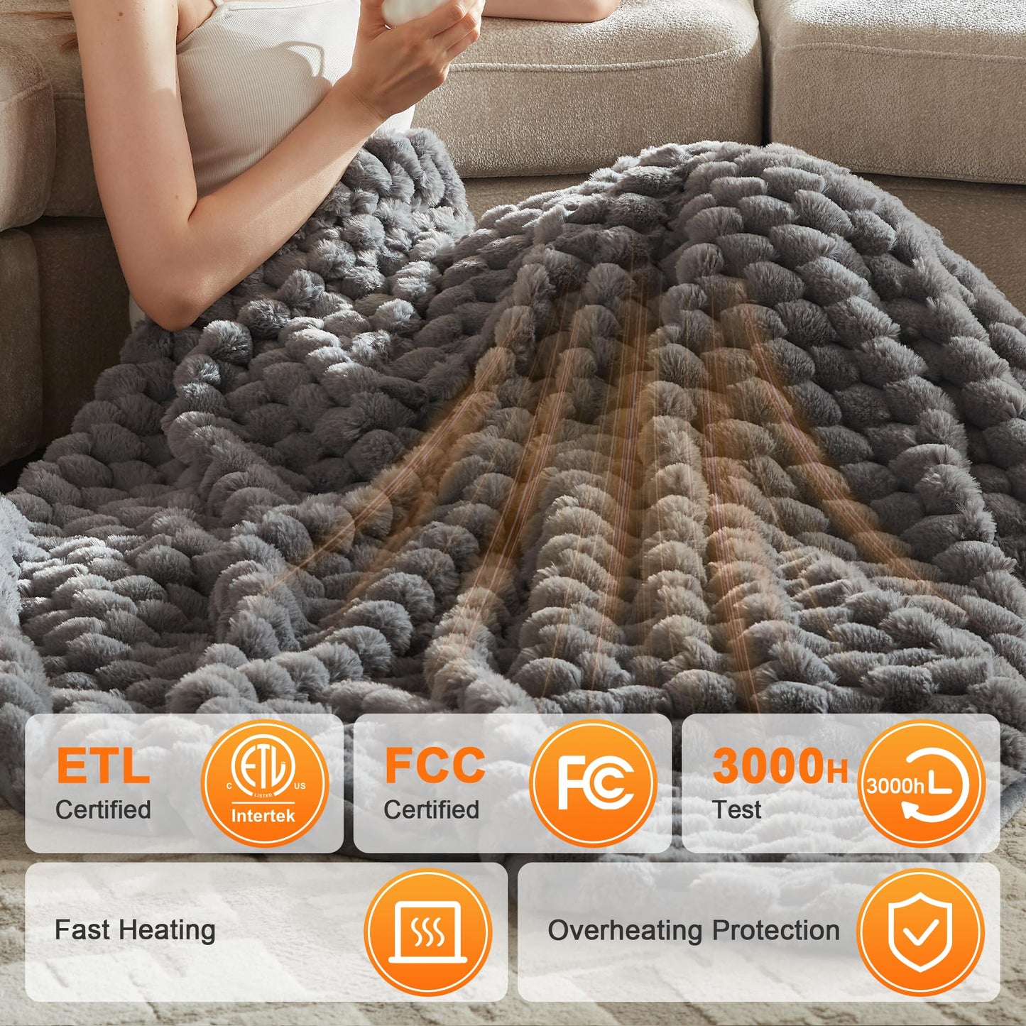 Heated Blanket Throw Size - Fast Warming with 6 Heat Settings & 4 Hours Auto-Off, Electric Throw Blanket for Couch, 50"x60", Grey