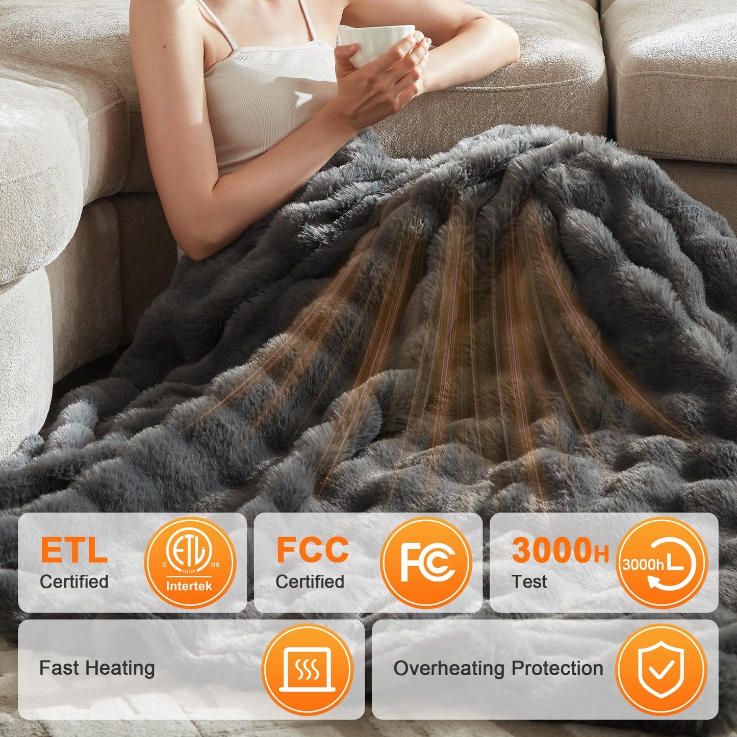 Heated Blanket Throw Size - Fast Warming with 6 Heat Settings & 4 Hours Auto-Off, Electric Throw Blanket for Couch, 50"x60", Grey