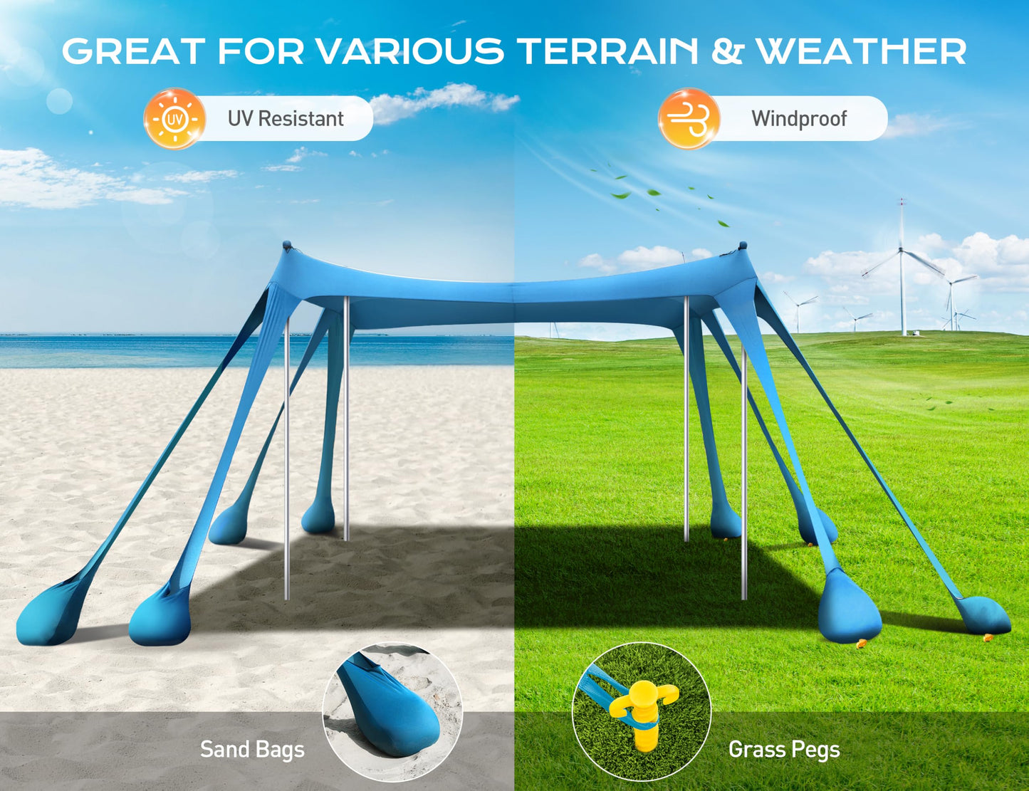 Rengue Beach Tent, Beach Canopy UPF50+ UV Protection, 10x10ft Beach Shade Sun Shelter with 8 Sandbags, Sand Shovels, Ground Peg, Stability Poles for Camping, Fishing, Picnic, Backyard Fun, Light Green