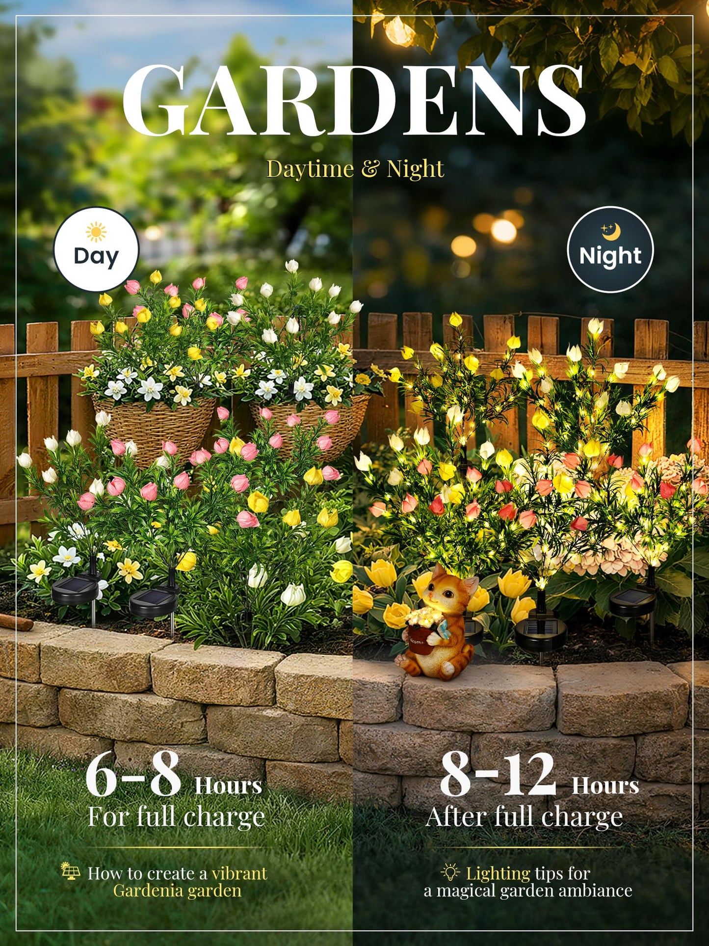 GIGALUMI Solar Garden Lights with Gardenias, 2 Pack LED Garden Decor Carefree Solar Flowers Outdoor Waterproof, Yard Decorations Outdoor, Allergy-Free Light up Flowers for Yard Patio (1white+1yellow)