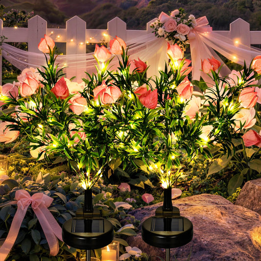 GIGALUMI Solar Garden Lights with Gardenias, 2 Pack LED Garden Decor Carefree Solar Flowers Outdoor Waterproof, Yard Decorations Outdoor, Allergy-Free Light up Flowers for Yard Patio (1white+1yellow)