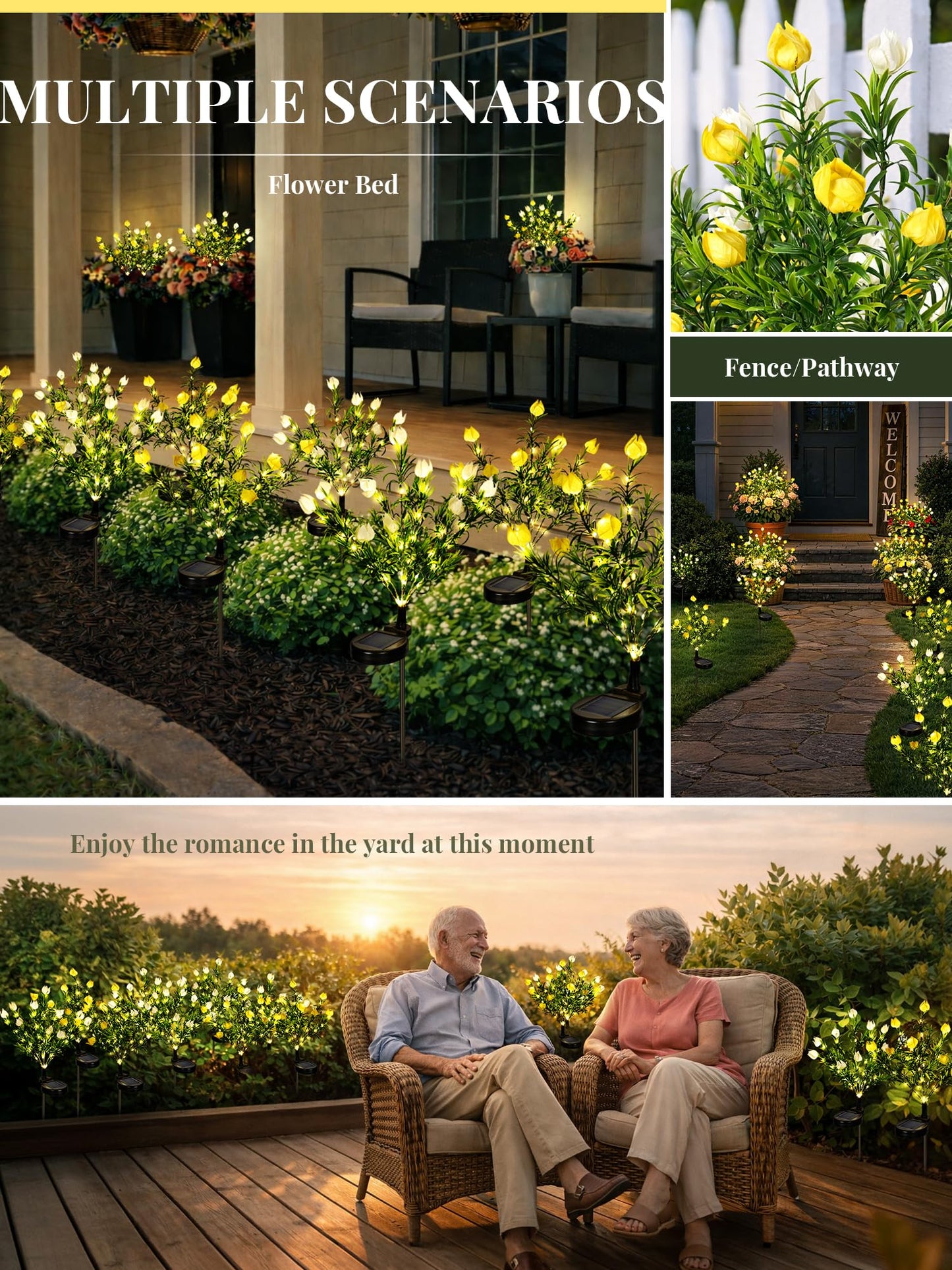 GIGALUMI Solar Garden Lights with Gardenias, 2 Pack LED Garden Decor Carefree Solar Flowers Outdoor Waterproof, Yard Decorations Outdoor, Allergy-Free Light up Flowers for Yard Patio (1white+1yellow)