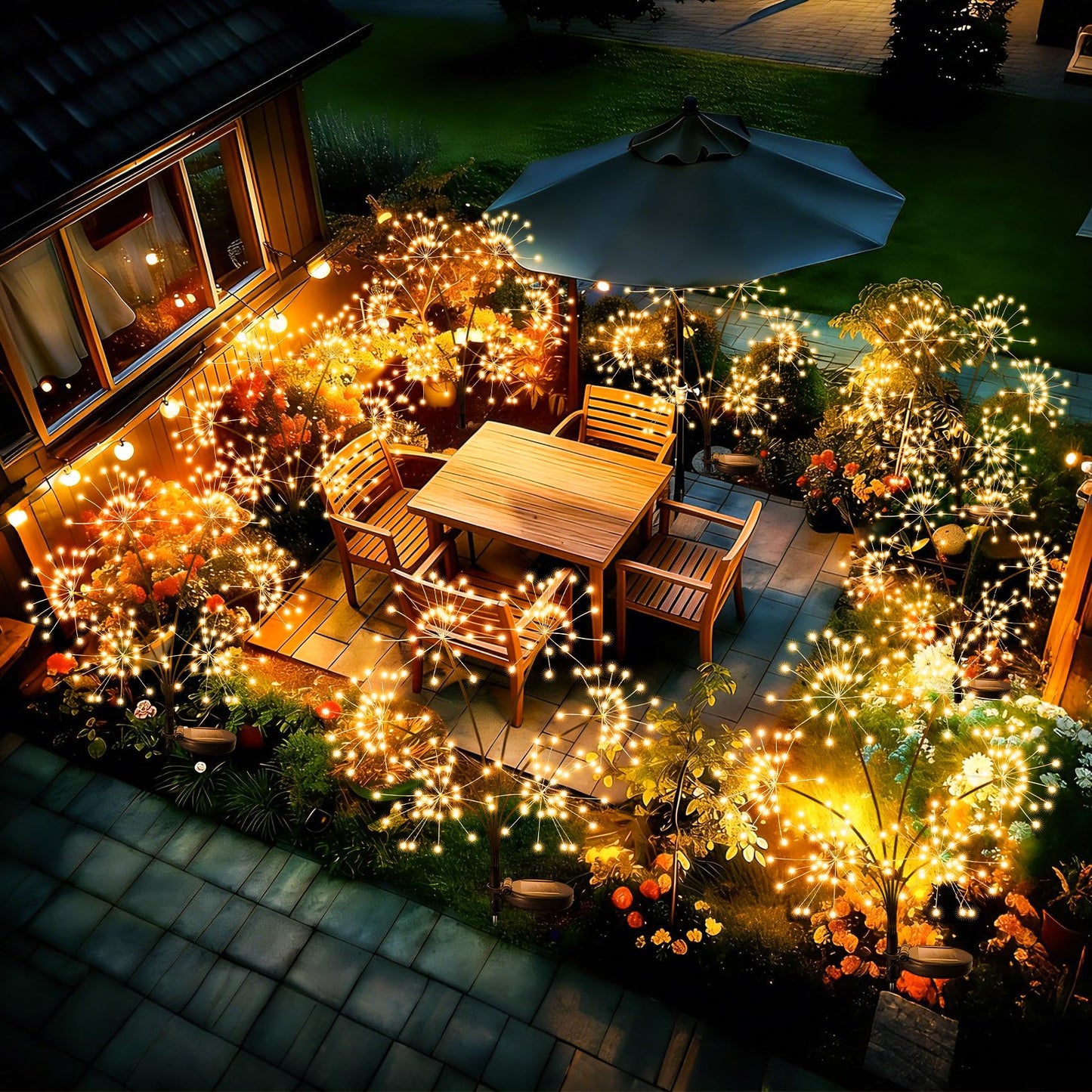 JJGoo Solar Garden Lights, New Upgraded 2 Pack Solar Swaying Starburst Light, Waterproof Fireworks Outdoor Lights, Yard Patio Pathway Decoration, Warm White