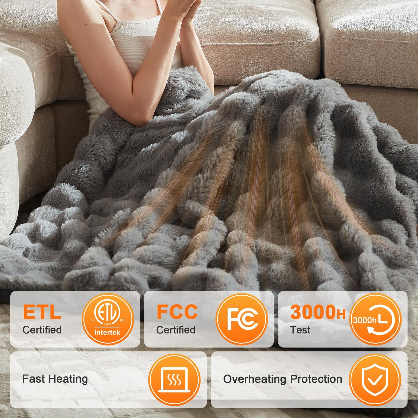 Heated Blanket Throw Size - Fast Warming with 6 Heat Settings & 4 Hours Auto-Off, Electric Throw Blanket for Couch, 50"x60", Grey